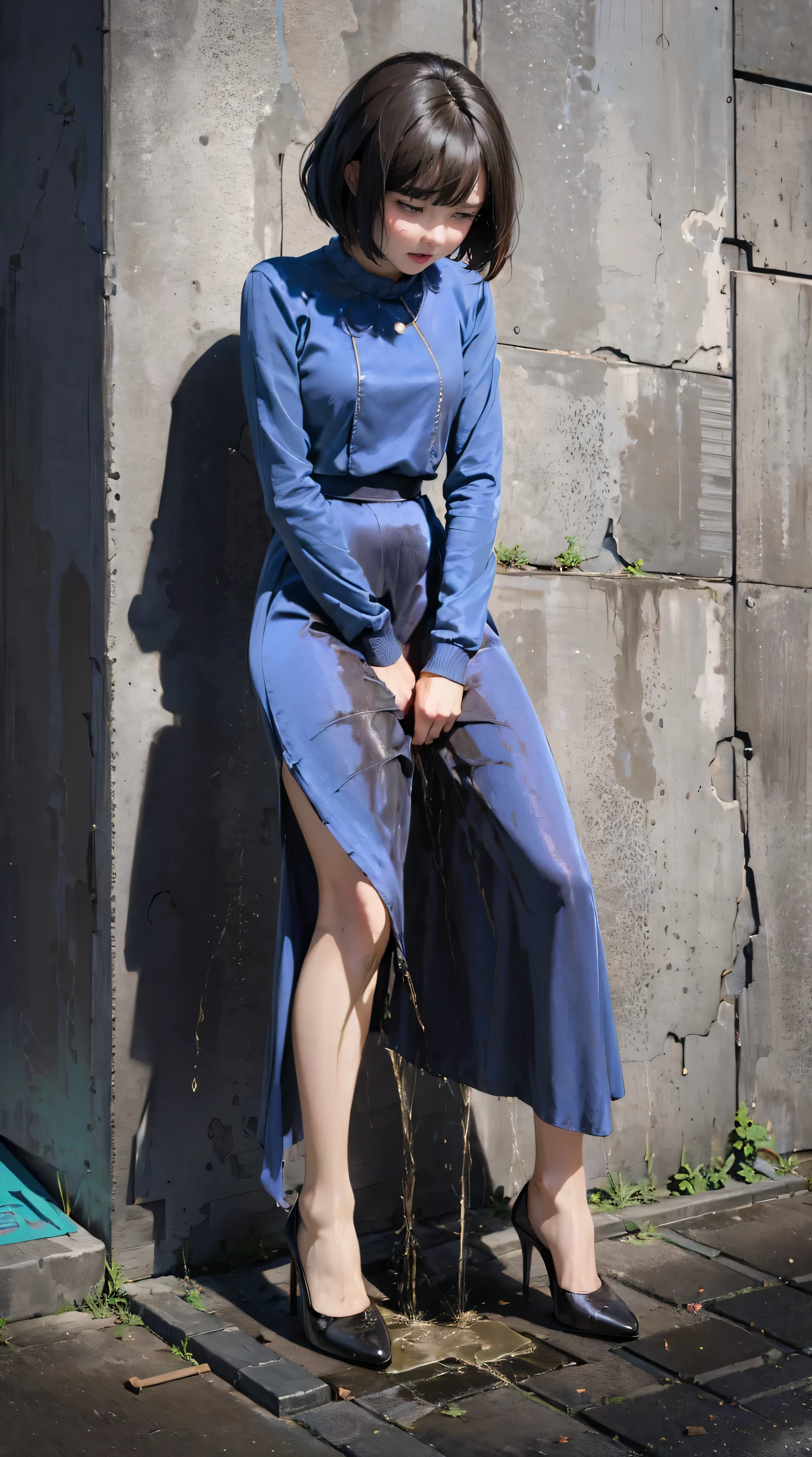 (urination:1.4),(is embarrassing:1.2) tall adult women ,excellent style,satin long dress,satin long skirt, sexy pin heels , high heels, pantyhose, bob cut the blue cloth, pees herself, Wetting clothes, Face of pee I can't stand , The desperation to pee myself , urination imminent pose , her body can't hold urine 、peed out of desperation in the middle of the city, it's a woman who pees and puts her legs down, stand up, Hyper Pee Desperate Face , big puddle of pee