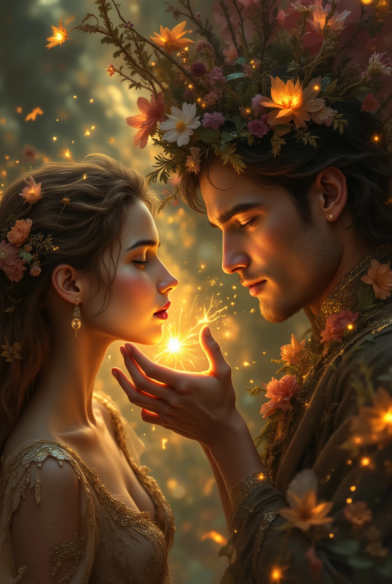 Beautiful sophisticated, figure, image art, The artist, drawing his picture, передает Wonderfulе изображения, in which he put his feelings of love, . A great combination of colors on canvas, two people touch their fingers where there is a spark between his fingers, inspiring painting, Точность, high quality, fantasy style, beautiful colors, Masterpiece , 8 k, best quality, complex details, maximum number of details, Wonderful,