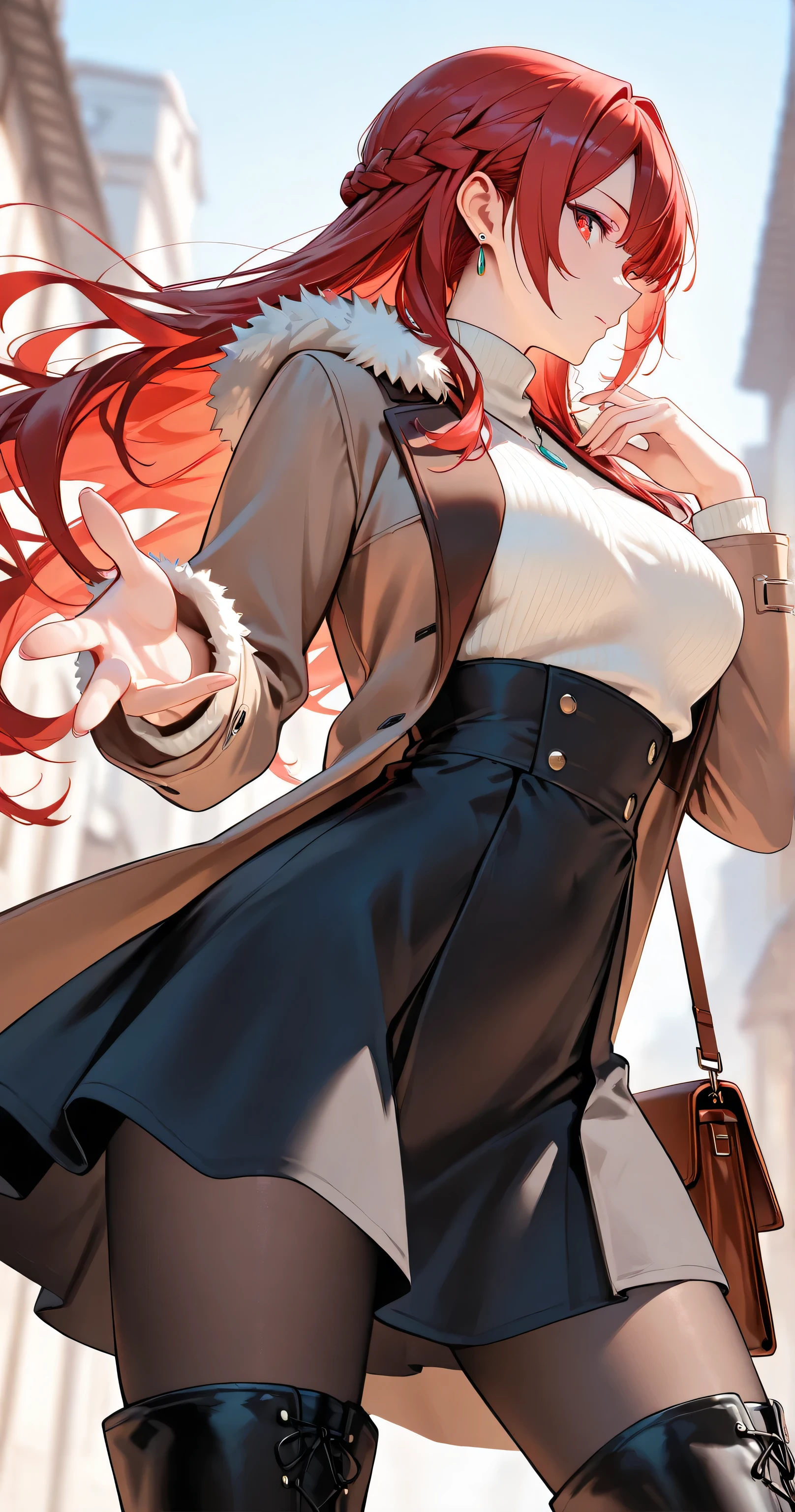 insanely detailed,
sharp focus on eyes and facial details, stunning clarity, sharp focus(1.5),
Well-defined facial features,
vivid crimson long hair in a French braid.
no white strands styled in a French braid,
delicate strands, silky smooth,
Beautiful almond-shaped eyes with detailed irises, gentle shading, exquisite eyelashes, Eyes with a sharp, confident look,
Sweater, jacket, fur trim, brown jacket, turtleneck, fur-trimmed jacket, open clothes, pantyhose, casual outfit, high-waist skirt, thigh high boots, bag, ear piercing, delicate silver necklace,
Contrapposto pose, arched back, outstretched hand,
Outdoors, blurry background, soft ambient lighting,
Brilliant skin,
masterpiece, best quality, ultra-detailed, 8k resolution,
Crisp details, rich colors, vibrant details, harmonized colors,
1girl, solo,
perfect anatomy, correct generation of hands, 4fingers and 1thumbs, visible hands in a natural pose, both hands clearly visible, nice hands, perfect hand.
No stuffed animals or toys, simple luxury background, minimalistic luxury setting,
She has shapely medium breasts,
Mature features, balanced proportions.
cowboy shot, from below, looking at viewer, profile,
2D anime style, best illustration,
highly detailed face, slender body, flawless skin.