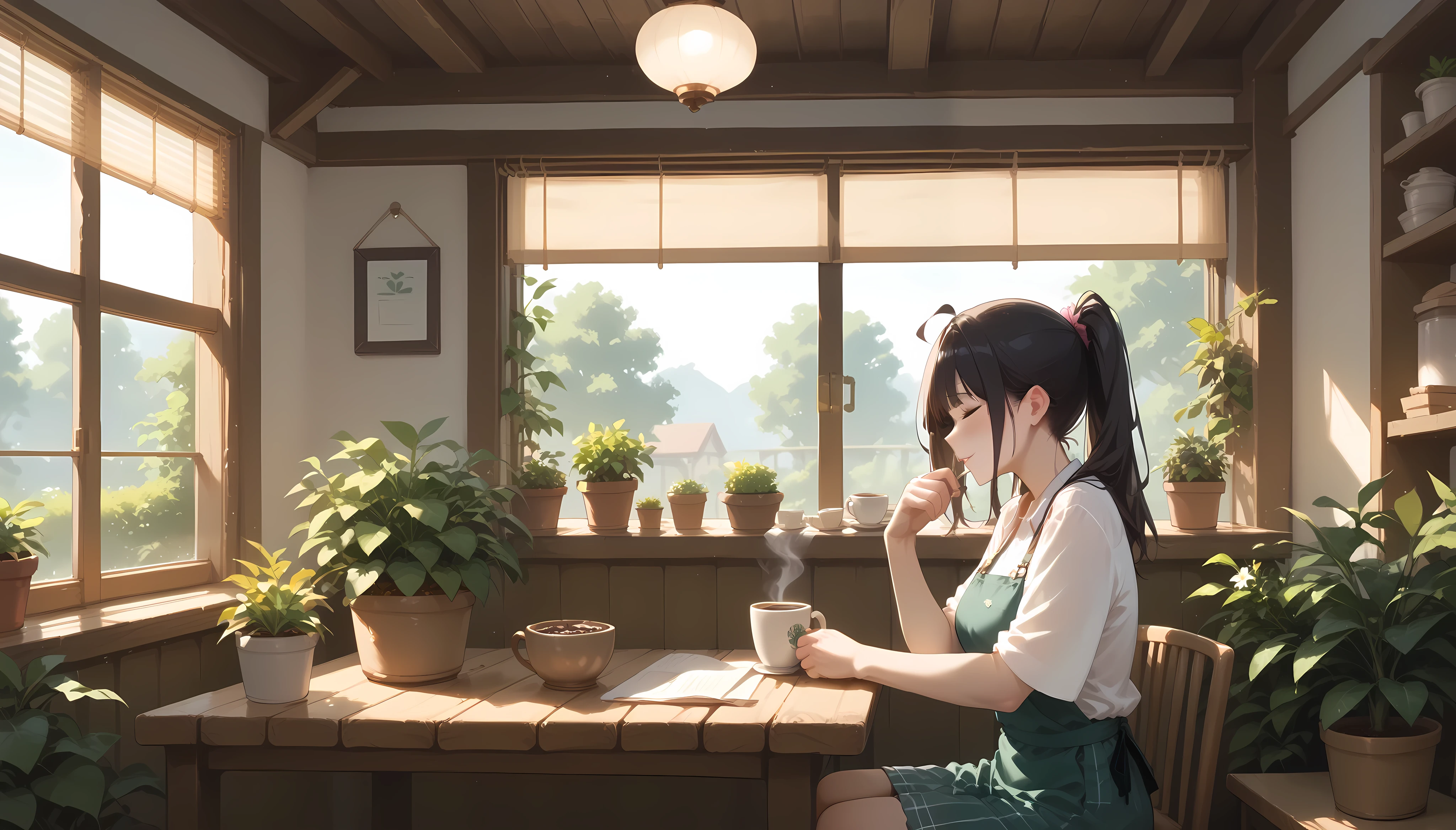 "Rustic cafe interior bathed in warm sunlight, featuring a lush display of greenery and wooden furnishings. A woman sits at a corner table, sketching in her notebook with a cup of coffee nearby. The barista's counter, adorned with small potted plants and artistic decorations, completes the serene atmosphere."