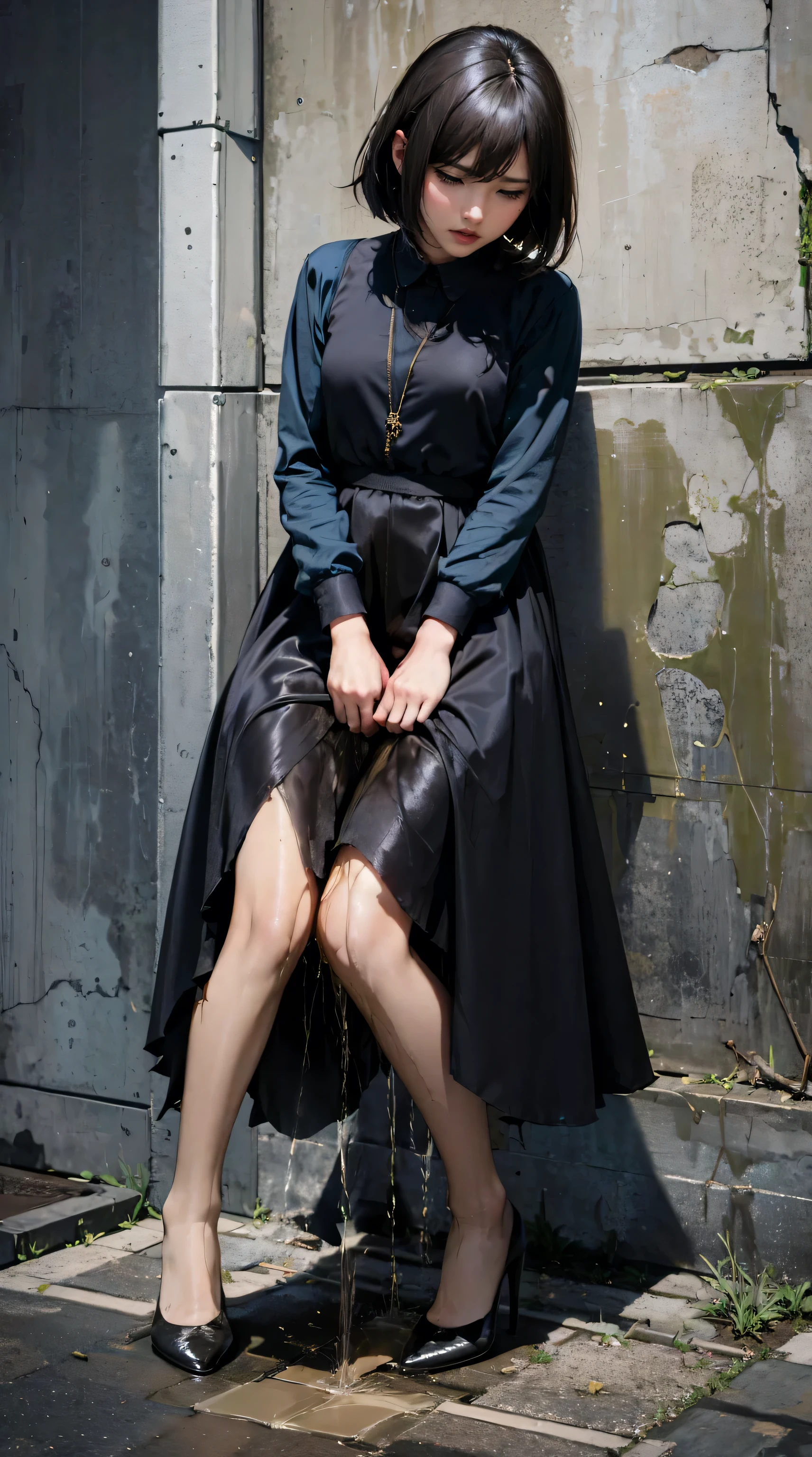 (urination:1.4),(is embarrassing:1.2) tall adult women ,excellent style,black clothes,Satin,Black Long Dress,long skirt, sexy pin heels , high heels, pantyhose,bare feet, bob cut the blue cloth, pees herself, Wetting clothes, Face of pee I can't stand , The desperation to pee myself , urination imminent pose , her body can't hold urine 、peed out of desperation in the middle of the city, it's a woman who pees and puts her legs down, stand up, Hyper Pee Desperate Face , big puddle of pee