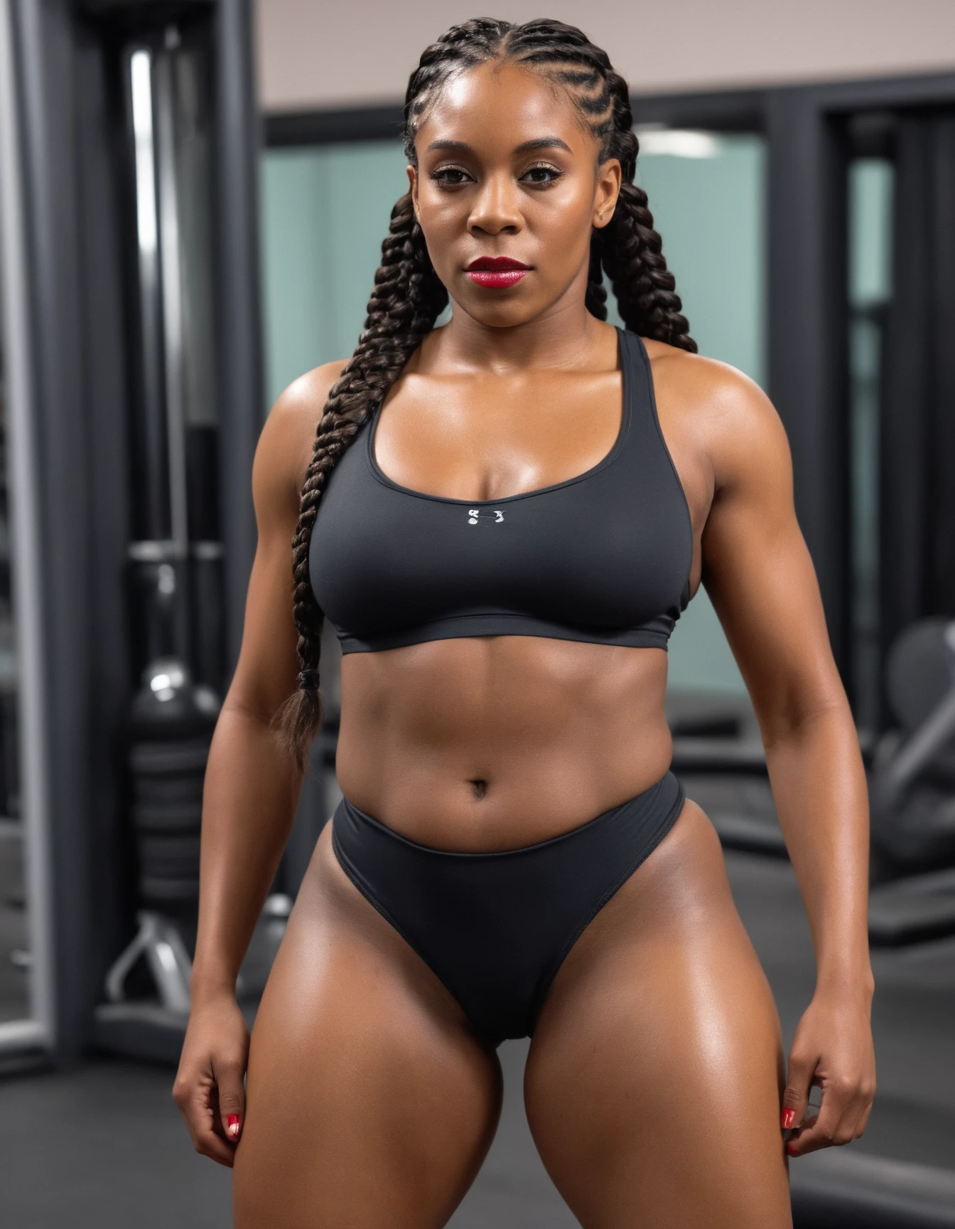 (a beautiful,fit) black woman in (workout,athletic) clothes, showcasing her (gorgeous, stunning) physique, accentuating her curves, (expressive eyes, full lips), (radiant, glowing) skin, (toned, sculpted) muscles. She stands in a (confident, strong) pose, surrounded by (vibrant, energetic) gym equipment and (inspiring, motivational) fitness posters. The scene is bathed in (soft, natural) lighting, highlighting every detail of her (shapely, well-defined) figure. The (high-quality, 4k) image captures her (determination, drive) and (empowering, self-assured) presence, showcasing her as a symbol of (beauty, strength) and (body positivity, self-love).