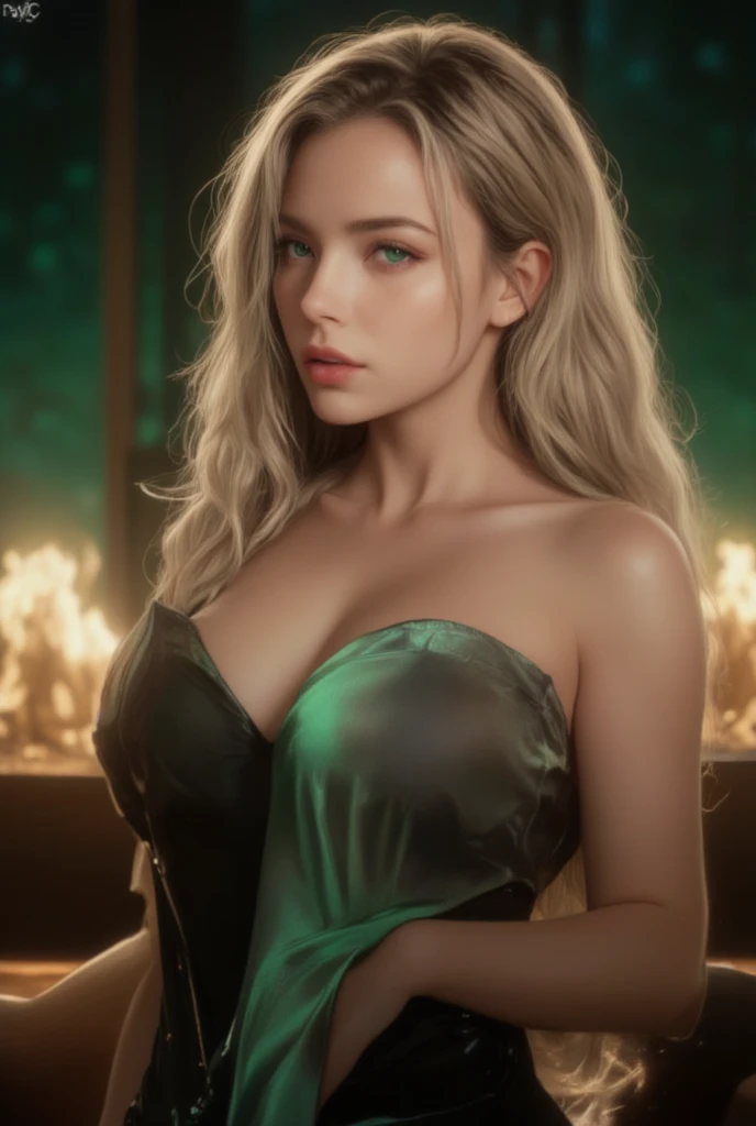 A young woman with hair in a green gradient, blue and purple, imitating the vibrant colors of the aurora borealis. Her eyes are an ice blue with an ethereal glow. Your skin has a slight iridescent sheen, as if illuminated by the northern lights. She wears a necklace of crystals that reflect the colors of her hair.. The background is a mixture of shades of blue and green, with soft patterns reminiscent of the movement of the aurora in the sky. 8 k quality, magical and celestial style.