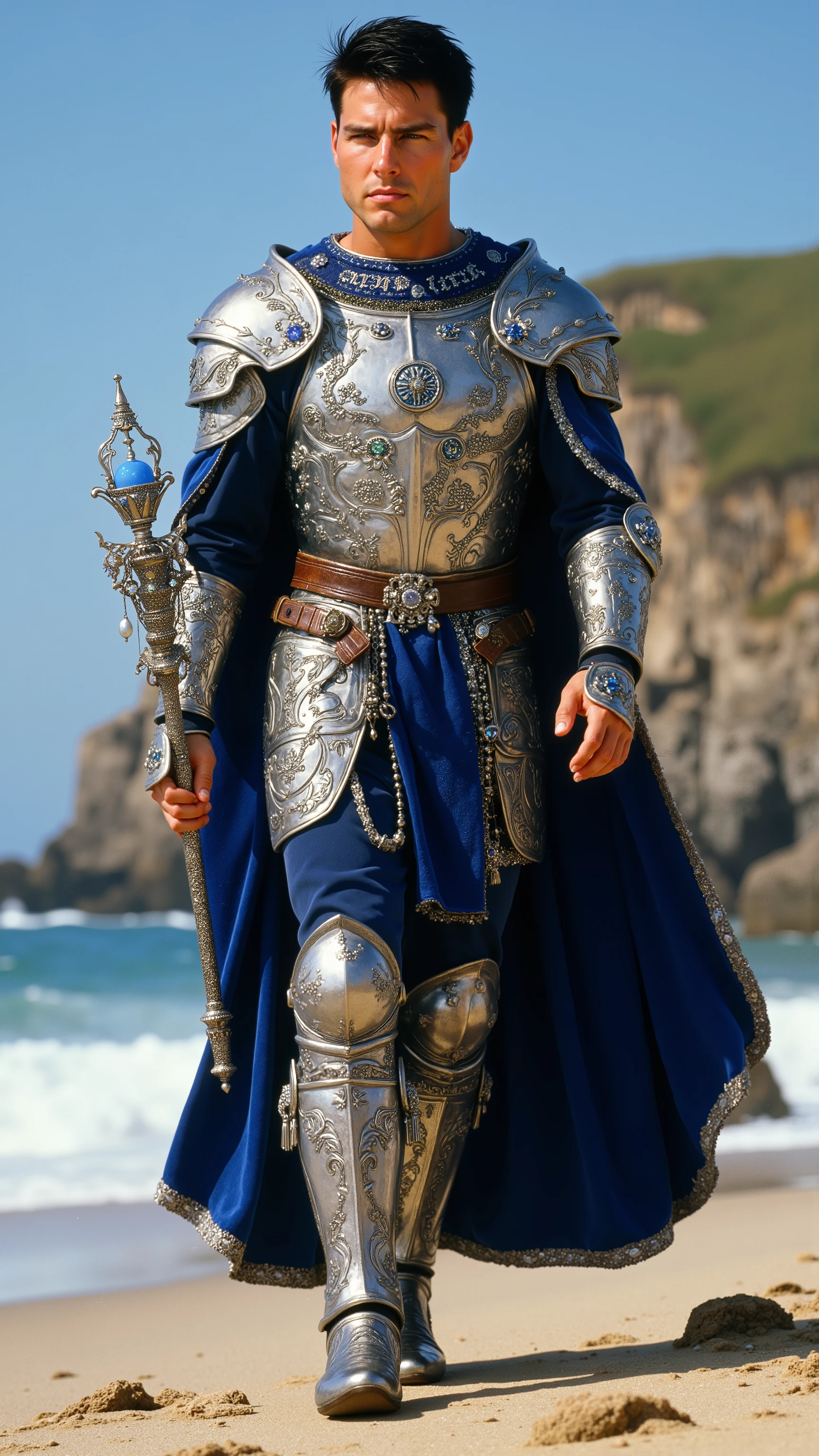 Tom Cruise reimagined as a majestic human-cancer hybrid walking and holding a silver scepter, dramatic atmosphere, 1 male、
short, dark brown hair and expressive hazel eyes.
He wears ultra-luxurious armor crafted from polished silver and deep blue steel, adorned with engravings of the moon, ocean waves, and delicate crab motifs. His breastplate is inlaid with opals and moonstones, featuring a central emblem of a majestic crab. The pauldrons are shaped like ornate crab claws, edged with platinum and adorned with sapphire accents.
Draped over his shoulders is a royal blue velvet cape with silver embroidery of waves and constellations. The cloak is fastened by a brooch shaped like the Cancer symbol surrounded by a crescent moon. Around his neck, he wears a platinum choker set with glistening blue aquamarines and pearls. His boots are crafted with shell-like designs, combining silver and deep blue metalwork with pearl inlays.
In his hand, he holds a magnificent silver scepter, its handle wrapped in strands of polished mother-of-pearl. The scepter is crowned with an opalescent crystal orb, encased in delicate silver tendrils. Around the orb, floating rings of platinum bear tiny, suspended pearls and aquamarine gems.
Shows his male character's full figure, athletic body, perfect face, full body, extremely beautiful, male shape, and perfect anatomy. The background showcases a pristine coastal landscape under a vibrant blue sky. Gentle waves lap against a sandy shore, where smooth stones and delicate shells are scattered along the water's edge. Towering cliffs rise in the distance, crowned with lush green grass.
photorealistic, masterpiece, realistic, high contrast, 8k, HD, high definition detailed, detailed, hyper detailed, realistic skin texture, best quality, ultra high resolution, hyper realistic, no text, very detailed eyes, dramatic lighting