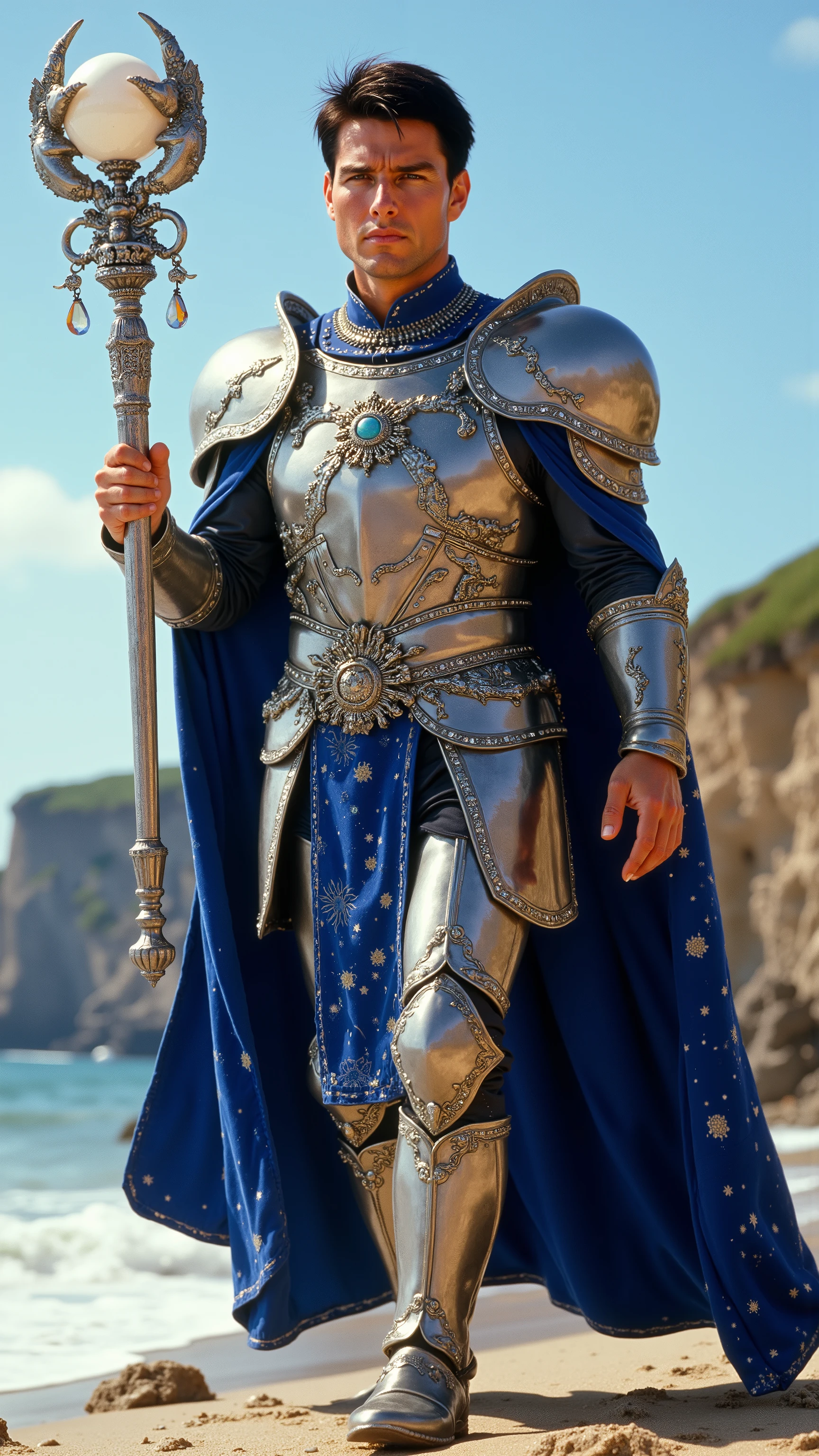 Tom Cruise reimagined as a majestic human-cancer hybrid walking and holding a silver scepter, dramatic atmosphere, 1 male、
short, dark brown hair and expressive hazel eyes.
He wears ultra-luxurious armor crafted from polished silver and deep blue steel, adorned with engravings of the moon, ocean waves, and delicate crab motifs. His breastplate is inlaid with opals and moonstones, featuring a central emblem of a majestic crab. The pauldrons are shaped like ornate crab claws, edged with platinum and adorned with sapphire accents.
Draped over his shoulders is a royal blue velvet cape with silver embroidery of waves and constellations. The cloak is fastened by a brooch shaped like the Cancer symbol surrounded by a crescent moon. Around his neck, he wears a platinum choker set with glistening blue aquamarines and pearls. His boots are crafted with shell-like designs, combining silver and deep blue metalwork with pearl inlays.
In his hand, he holds a magnificent silver scepter, its handle wrapped in strands of polished mother-of-pearl. The scepter is crowned with an opalescent crystal orb, encased in delicate silver tendrils. Around the orb, floating rings of platinum bear tiny, suspended pearls and aquamarine gems.
Shows his male character's full figure, athletic body, perfect face, full body, extremely beautiful, male shape, and perfect anatomy. The background showcases a pristine coastal landscape under a vibrant blue sky. Gentle waves lap against a sandy shore, where smooth stones and delicate shells are scattered along the water's edge. Towering cliffs rise in the distance, crowned with lush green grass.
photorealistic, masterpiece, realistic, high contrast, 8k, HD, high definition detailed, detailed, hyper detailed, realistic skin texture, best quality, ultra high resolution, hyper realistic, no text, very detailed eyes, dramatic lighting