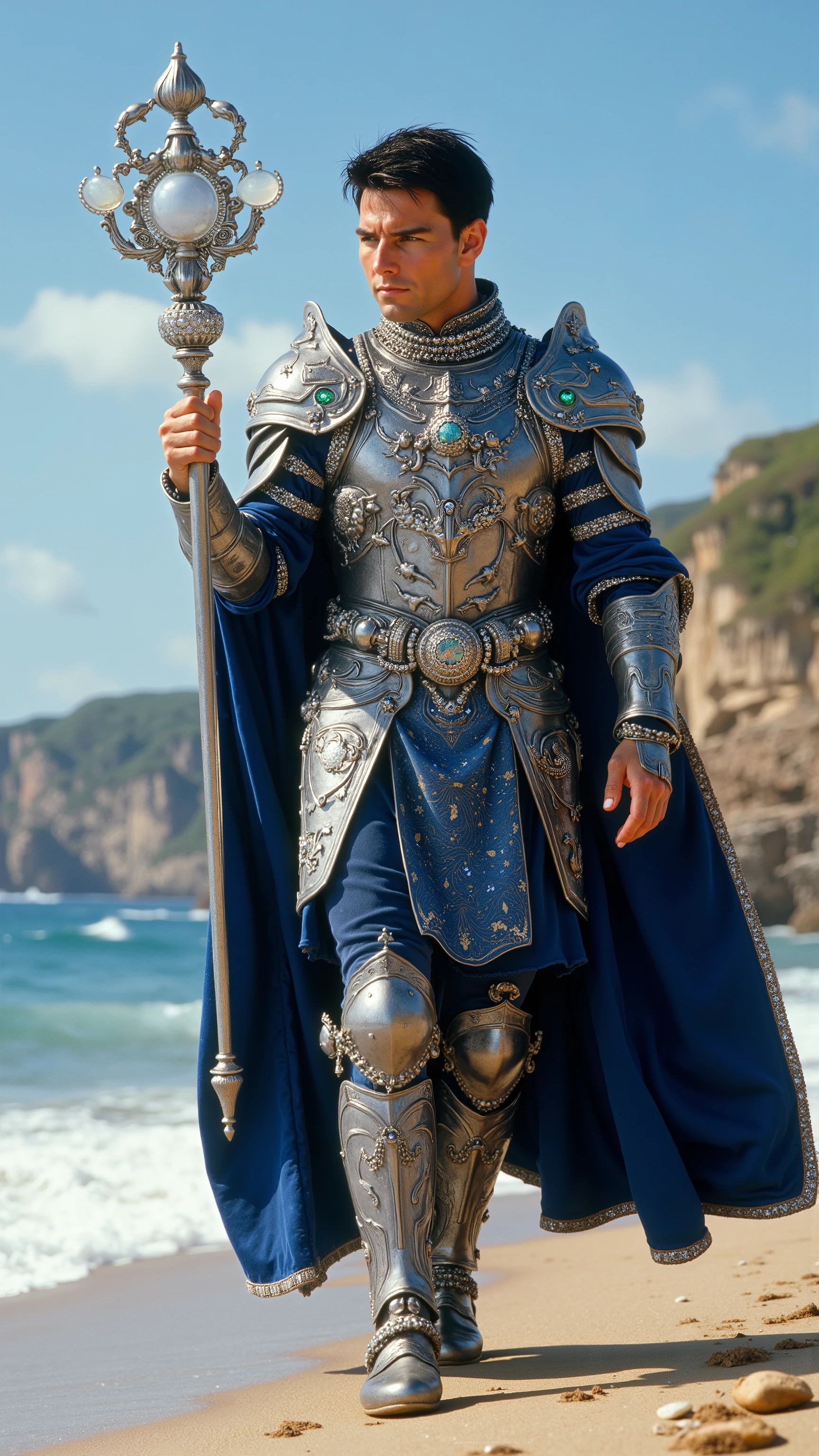 Tom Cruise reimagined as a majestic human-cancer hybrid walking and holding a silver scepter, dramatic atmosphere, 1 male、
short, dark brown hair and expressive hazel eyes.
He wears ultra-luxurious armor crafted from polished silver and deep blue steel, adorned with engravings of the moon, ocean waves, and delicate crab motifs. His breastplate is inlaid with opals and moonstones, featuring a central emblem of a majestic crab. The pauldrons are shaped like ornate crab claws, edged with platinum and adorned with sapphire accents.
Draped over his shoulders is a royal blue velvet cape with silver embroidery of waves and constellations. The cloak is fastened by a brooch shaped like the Cancer symbol surrounded by a crescent moon. Around his neck, he wears a platinum choker set with glistening blue aquamarines and pearls. His boots are crafted with shell-like designs, combining silver and deep blue metalwork with pearl inlays.
In his hand, he holds a magnificent silver scepter, its handle wrapped in strands of polished mother-of-pearl. The scepter is crowned with an opalescent crystal orb, encased in delicate silver tendrils. Around the orb, floating rings of platinum bear tiny, suspended pearls and aquamarine gems.
Shows his male character's full figure, athletic body, perfect face, full body, extremely beautiful, male shape, and perfect anatomy. The background showcases a pristine coastal landscape under a vibrant blue sky. Gentle waves lap against a sandy shore, where smooth stones and delicate shells are scattered along the water's edge. Towering cliffs rise in the distance, crowned with lush green grass.
photorealistic, masterpiece, realistic, high contrast, 8k, HD, high definition detailed, detailed, hyper detailed, realistic skin texture, best quality, ultra high resolution, hyper realistic, no text, very detailed eyes, dramatic lighting