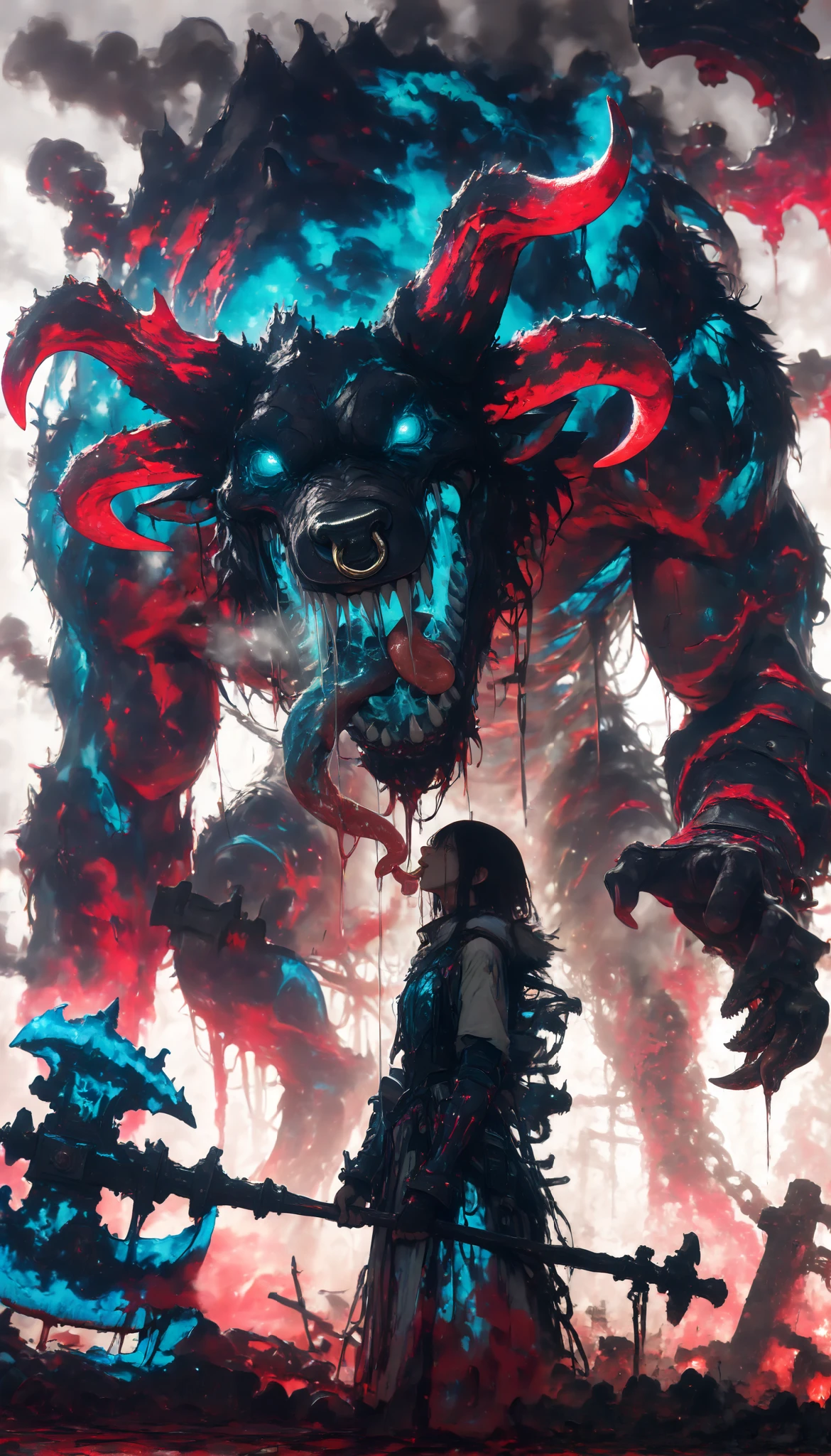 Realistic portrait,4k,ultra detailed,studio lighting,physics-based rendering, bright colors,bokeh,dark color palette,sombre tone, sinister atmosphere ,(best quality, masterpiece: 1.2),Minotaur-shaped monster,In a maze,tongue outside in radioactive blue,viseras glow in the dark,Eyes of Madness ,iron horns,ciborg,spikes coming out of his back,poisonous saliva,heavy breathing,forced breathing,smoke from your mouth,heavy armor,Giant axe,colgante echo de chains,dense fur,scars,Nose ring,bipedo,deep muscular,strong hands,Blood staining,chains