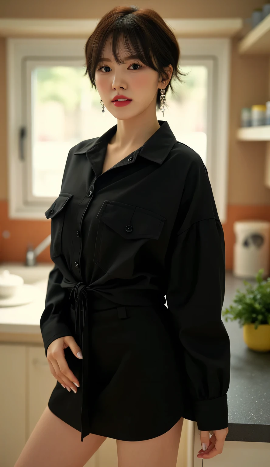 a woman, dress in the kitchen during the day, full body view, front facing, wearing black untucked oversize casual shirt, short skirt, big boobs, red lips, short hair