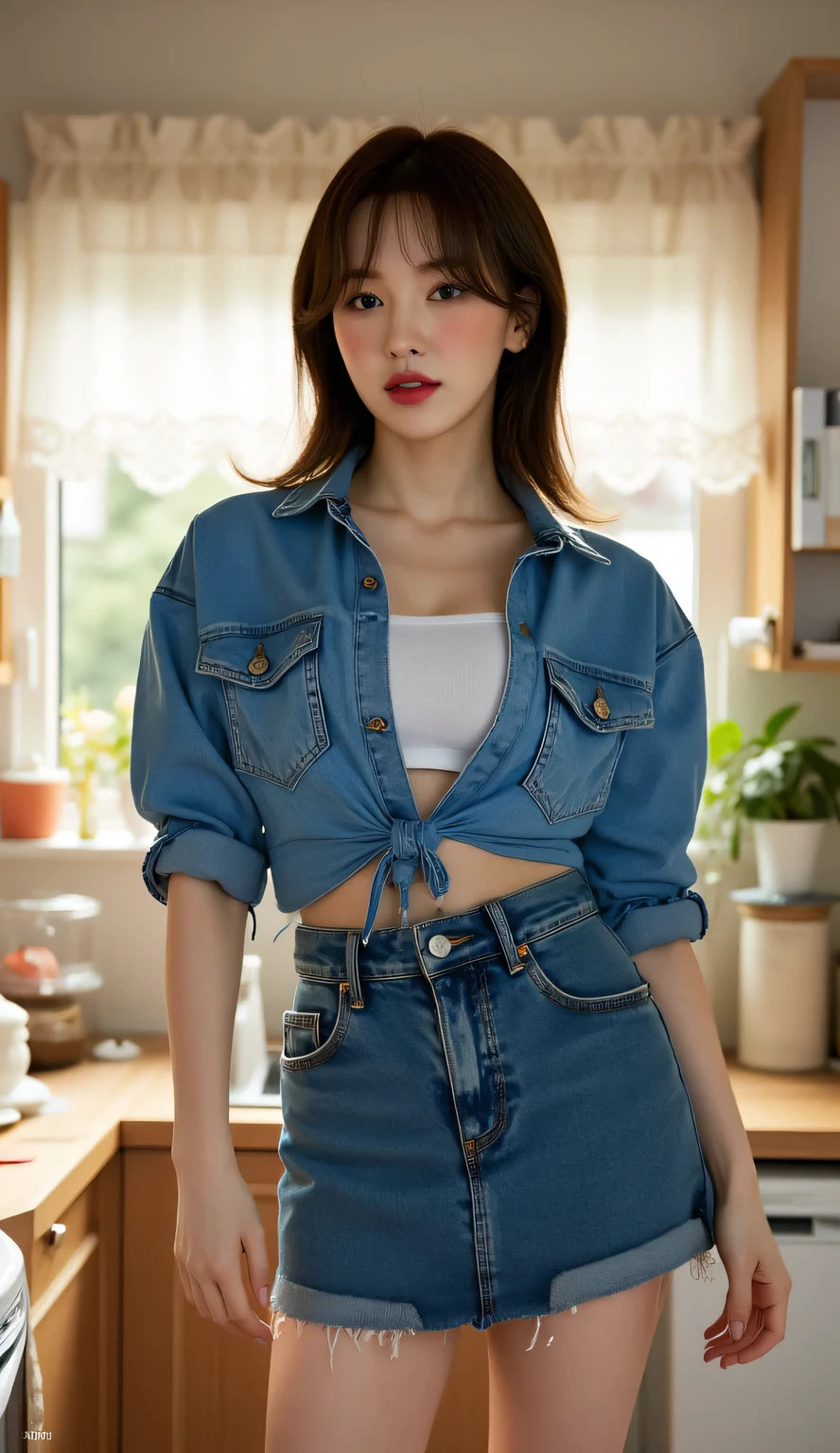 a woman, dress in the kitchen during the day, full body view, front facing, wear blue untucked long oversize casual shirt, short denim skirt , big boobs, red lips,