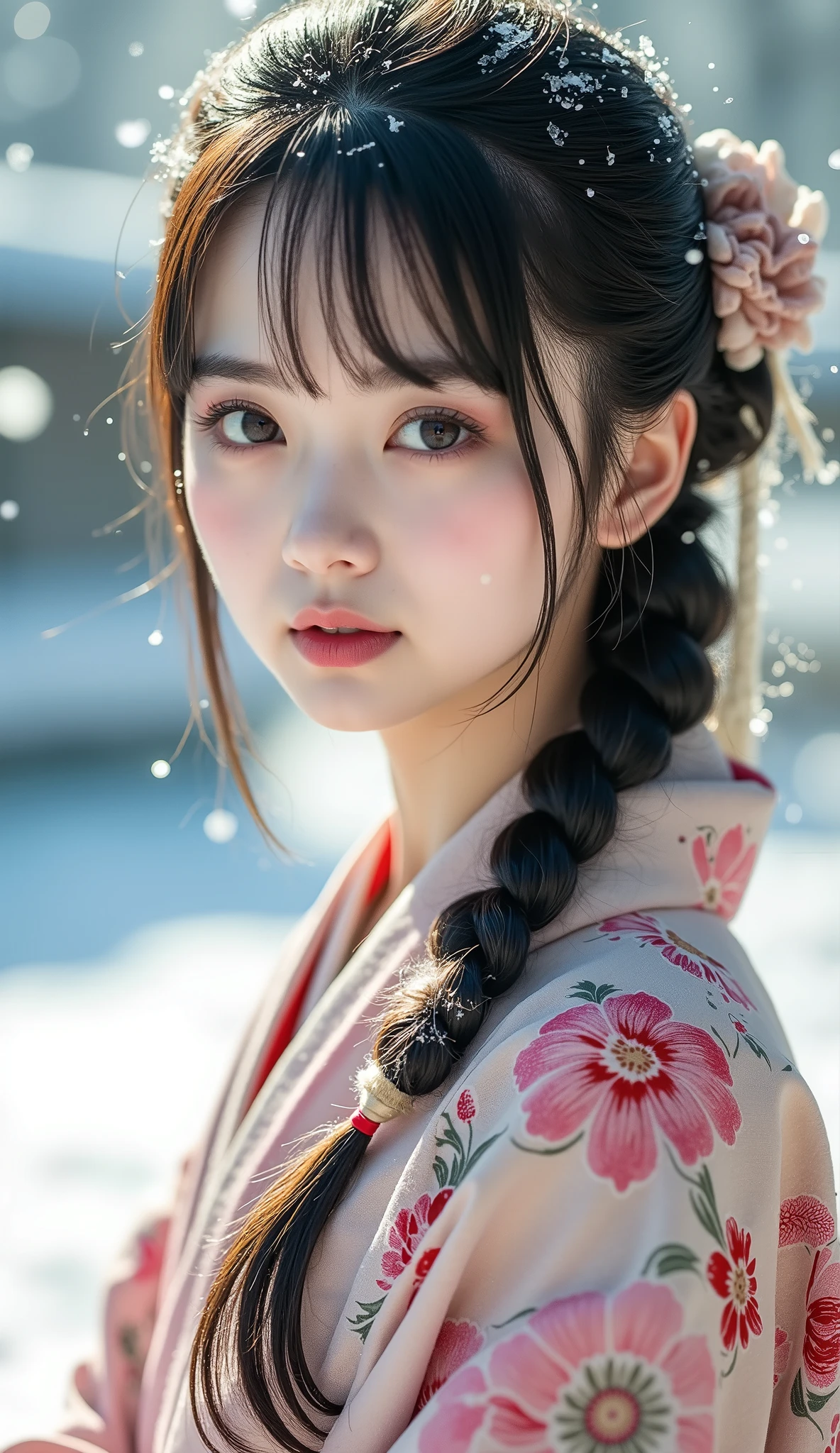 ( kimono)、fantasy landscape、(Top Quality,masterpiece:1.3,super A high resolution,),(very detailed,caustics),(Photoreal:1.4,RAW shooting), cowboyshot, super realistic capture,very well detailed, Woman in One、solo、 High Resolution 16K 、 has a natural skin texture、、 has an even skin tone and looks healthy、 natural lightと色を使う,one woman,Japanese,,cute,黒hair, Make Middle Hair,(written border depth、 Color Difference、、Wide lighting range、natural shade、)、、(It's snowing:1.3)、(hair:1.3)、( snow reflects light :1.3)、natural light、Beautiful Scenery