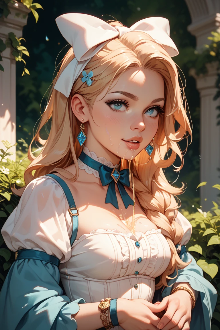 Alice in Wonderland, short blue dress, white stockings, big messy blonde hair with a thin black hair band, (Delicate and beautiful CG art), (highest quality, Very detailed, High resolution), (Dynamic Lighting), (One character), (Long blonde hair), blue eyes, Beautiful Face), 1 woman, smile, blushing, red cheek, forest, cute, holding a mushroom