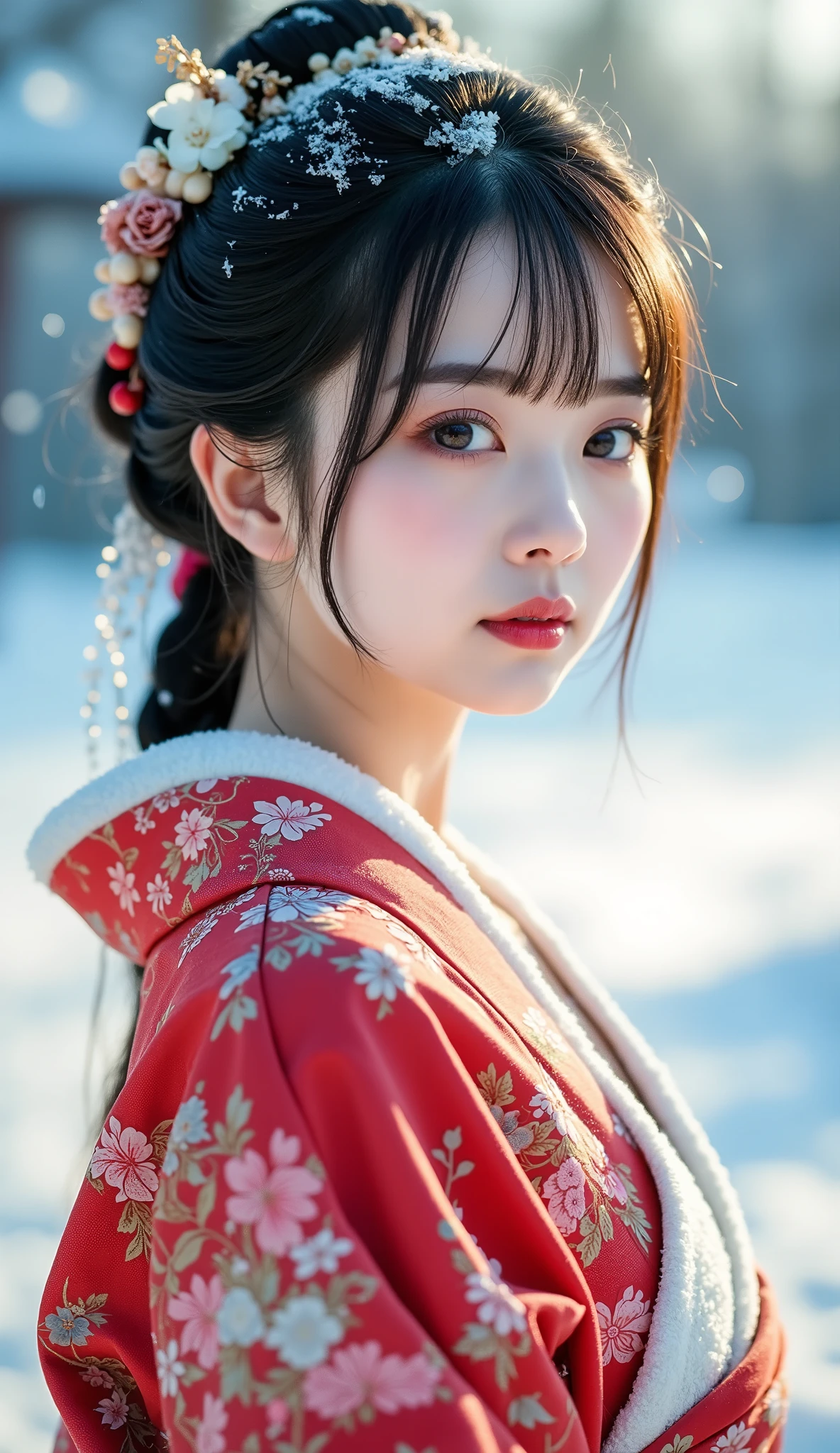 ( kimono)、fantasy landscape、(Top Quality,masterpiece:1.3,super A high resolution,),(Extremely Detailed,caustics),(Photoreal:1.4,RAW shooting), cowboyshot, super realistic capture,very well detailed, Woman in One、solo、 High Resolution 16K 、 has a natural skin texture、、 has an even skin tone and looks healthy、 natural lightと色を使う,one woman,Japanese,,cute,黒hair, Make Middle Hair,(written border depth、 Color Difference、、Wide lighting range、natural shade、)、、(It's snowing:1.3)、(hair:1.3)、( snow reflects light :1.3)、natural light、Beautiful Scenery