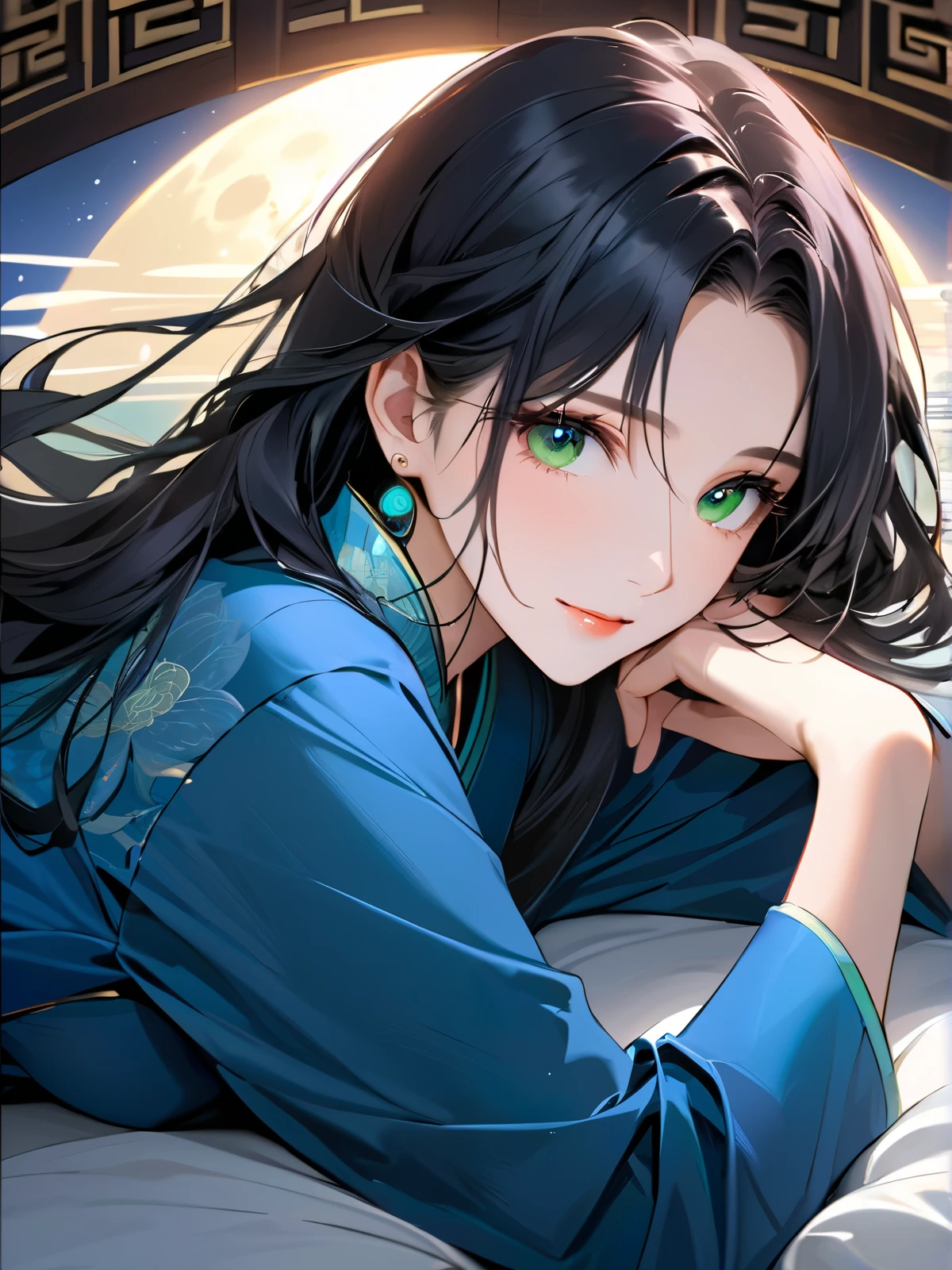  a beautiful mature woman in the ancient chinese room, ancient Chinese woman under the moonlight, 30 years old woman, laying on the bed with blue robe clothes, covering her body with with bed sheets , deatails body features, shy look, green eyes, green pupils, pure black long hair, green earrings, shy smile on her face, wearing under garments, navel, round breasts, Focus on her face , breath taking moon lighting ,  detailed background,  Photorealistic ,  very detailed,  cinematic lighting ,  vibrant colors,  masterpiece, high quality Floating Hair, 