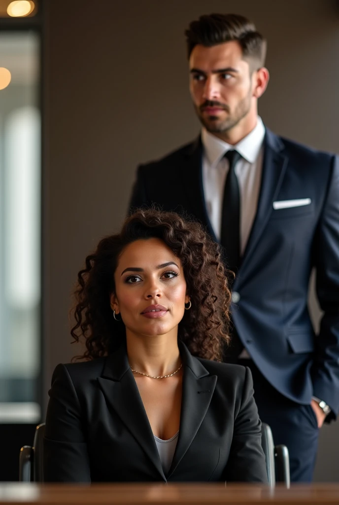 Could you generate for me a book cover, mixed race, she has curly brown hair, she has beautiful lips, a caramel skin, 5'5ft and then the man is of a replica of Henry cavil and roman reigns
I need them in suits like in an office setting.. the woman young (25year)is sitting down and the man ( 30) is standing besides her. The man is pocketing and the woman is sitting elegantly like a lady