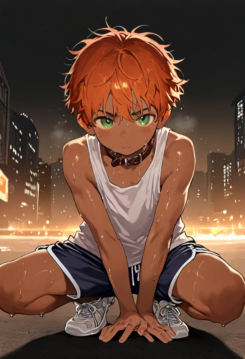 1boy, young male, 18yrs old, brown skin, sweat, dolphin shorts, tank top, fingerless grove, shoes, collar, fighting pose, sunshine, short hair, messy hair, orange hair, green eyes, cinematic lighting, masterpiece, best quality, city square, hong kong