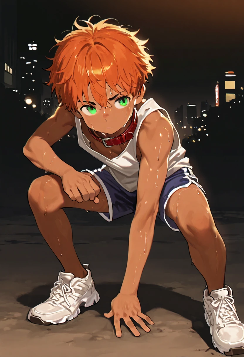 1boy, young male, 18yrs old, brown skin, sweat, dolphin shorts, tank top, fingerless grove, shoes, collar, fighting pose, sunshine, short hair, messy hair, orange hair, green eyes, cinematic lighting, masterpiece, best quality, city square, hong kong