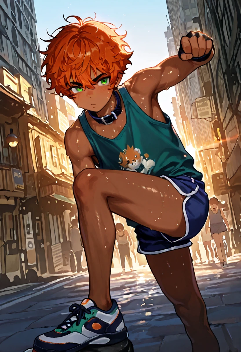 1boy, young male, 18yrs old, brown skin, sweat, dolphin shorts, tank top, fingerless grove, shoes, collar, fighting pose, sunshine, short hair, messy hair, orange hair, green eyes, cinematic lighting, masterpiece, best quality, city square, hong kong