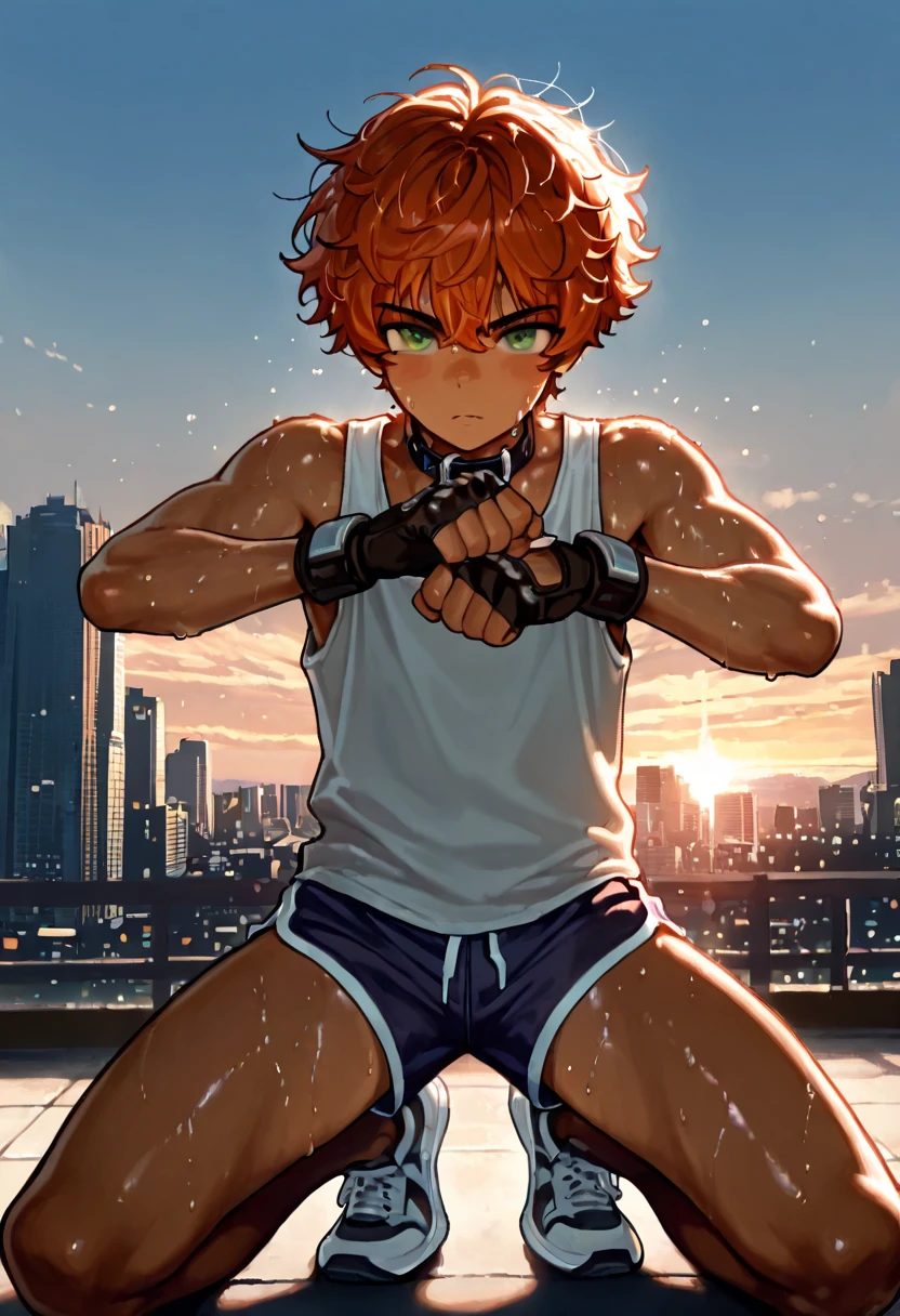 1boy, young male, 18yrs old, brown skin, sweat, dolphin shorts, tank top, fingerless grove, shoes, collar, fighting pose, sunshine, short hair, messy hair, orange hair, green eyes, cinematic lighting, masterpiece, best quality, city square, hong kong
