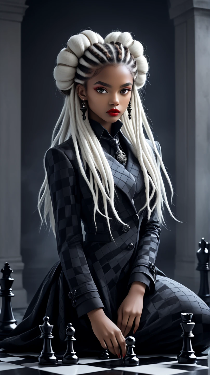 ray caesar style, soft painting, an amazing beautiful black queen of chess stands on a chess board, long black dress, white hair in voluminous round updo, looking into the camera, she holds a long sword, black chessmen, symmetric composition, dark background, low key image. ultra detailed, best quality