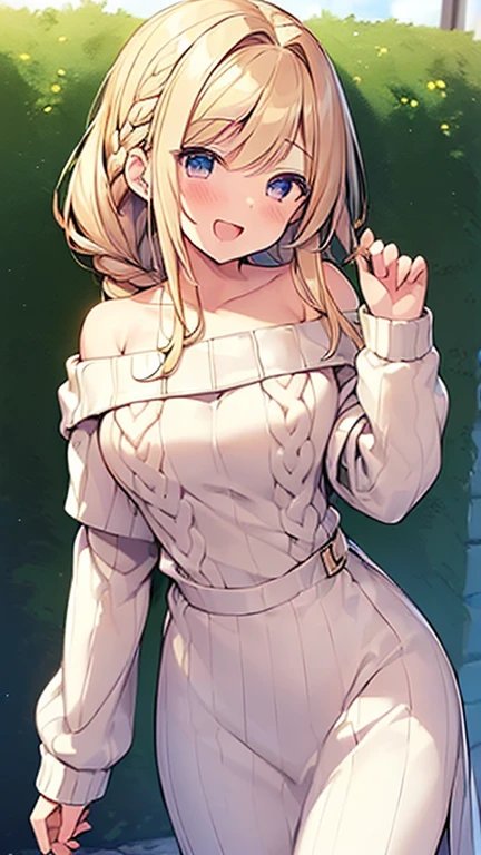 Beautiful tiny , blonde hair, green eyes, perfect face, cutest, bun hairstyle, ((turtleneck long sweater,Hand-knitted Sweater:1.2)),cleavage cutout, sleeve long sweater,thigh, soft and smooth details