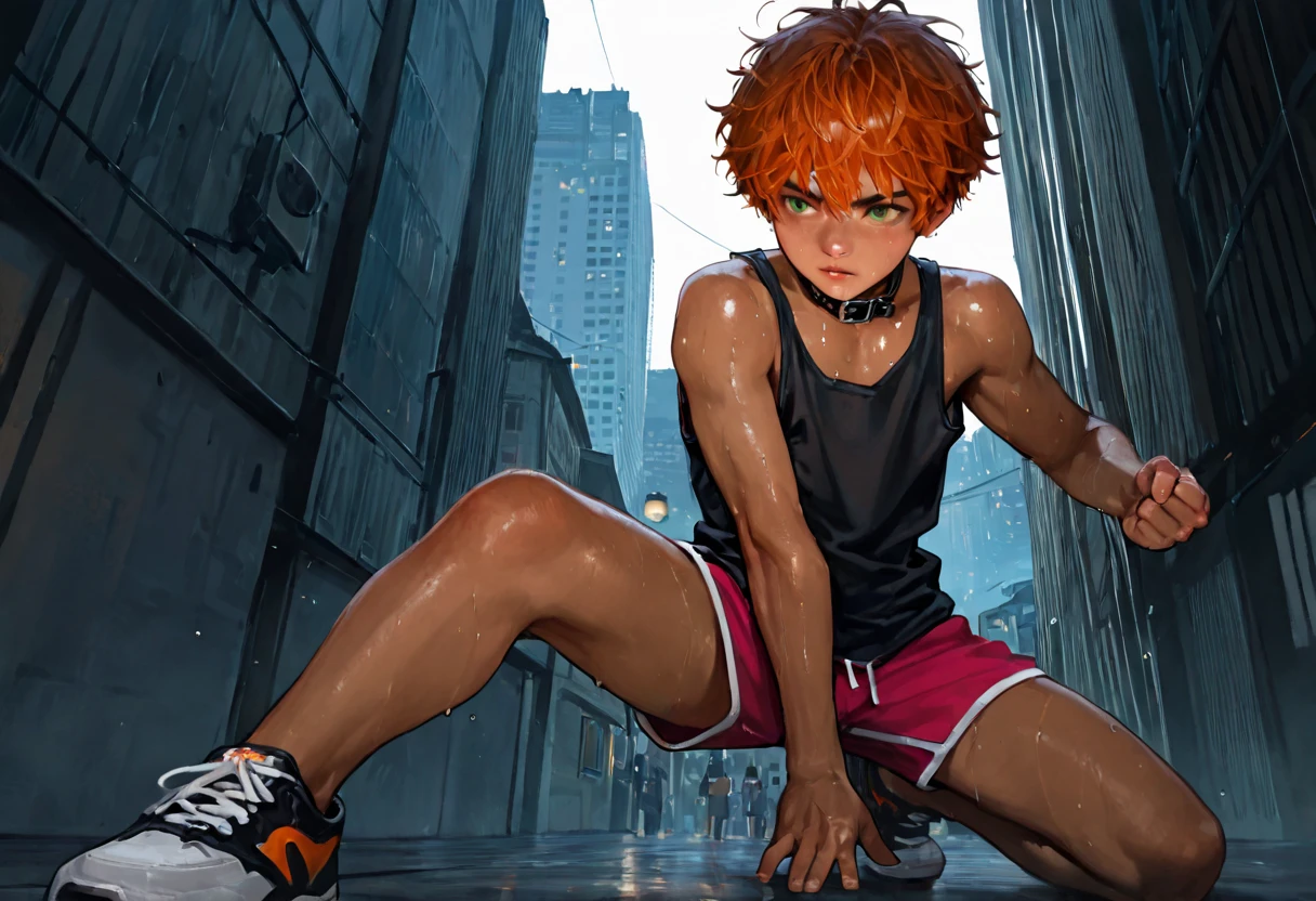 1boy, young male, 18yrs old, brown skin, sweat, dolphin shorts, tank top, fingerless grove, shoes, collar, fighting pose, sunshine, short hair, messy hair, orange hair, green eyes, cinematic lighting, masterpiece, best quality, city square, hong kong, realistic