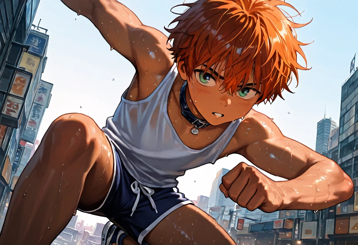 1boy, young male, 18yrs old, brown skin, sweat, dolphin shorts, tank top, fingerless grove, shoes, collar, fighting pose, sunshine, short hair, messy hair, orange hair, green eyes, cinematic lighting, masterpiece, best quality, city square, hong kong