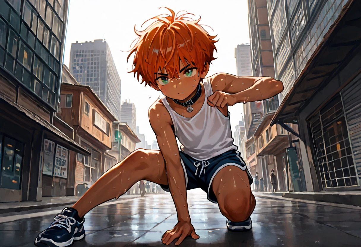 1boy, young male, 18yrs old, brown skin, sweat, dolphin shorts, tank top, fingerless grove, shoes, collar, fighting pose, sunshine, short hair, messy hair, orange hair, green eyes, cinematic lighting, masterpiece, best quality, city square, hong kong