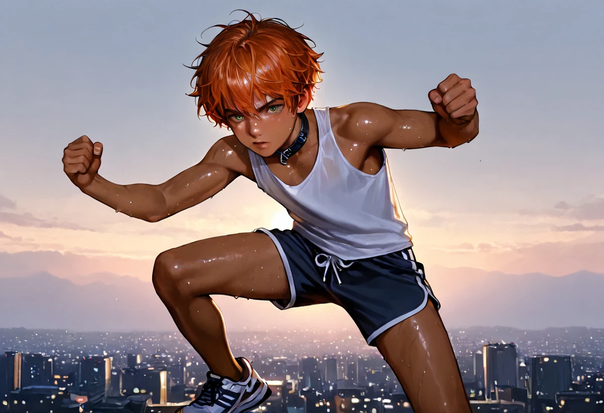 1boy, young male, 18yrs old, brown skin, sweat, dolphin shorts, tank top, fingerless grove, shoes, collar, fighting pose, sunshine, short hair, messy hair, orange hair, green eyes, cinematic lighting, masterpiece, best quality, city square, hong kong, realistic
