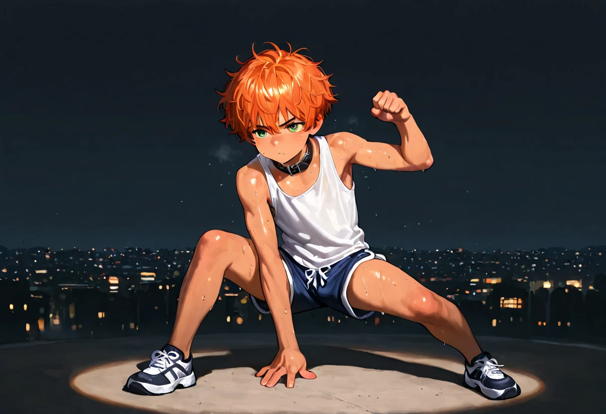 1boy, young male, 18yrs old, brown skin, sweat, dolphin shorts, tank top, fingerless grove, shoes, collar, fighting pose, sunshine, short hair, messy hair, orange hair, green eyes, cinematic lighting, masterpiece, best quality, city square, hong kong