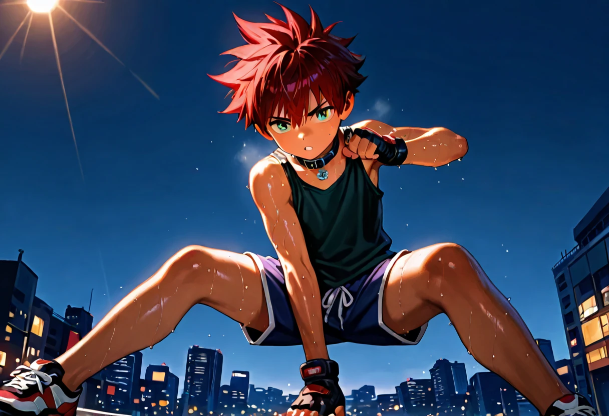 1boy, young male, 18yrs old, brown skin, sweat, dolphin shorts, tank top, fingerless grove, shoes, collar, fighting pose, sunshine, short hair, spiked hair, red hair, green eyes, cinematic lighting, masterpiece, best quality, city square, hong kong