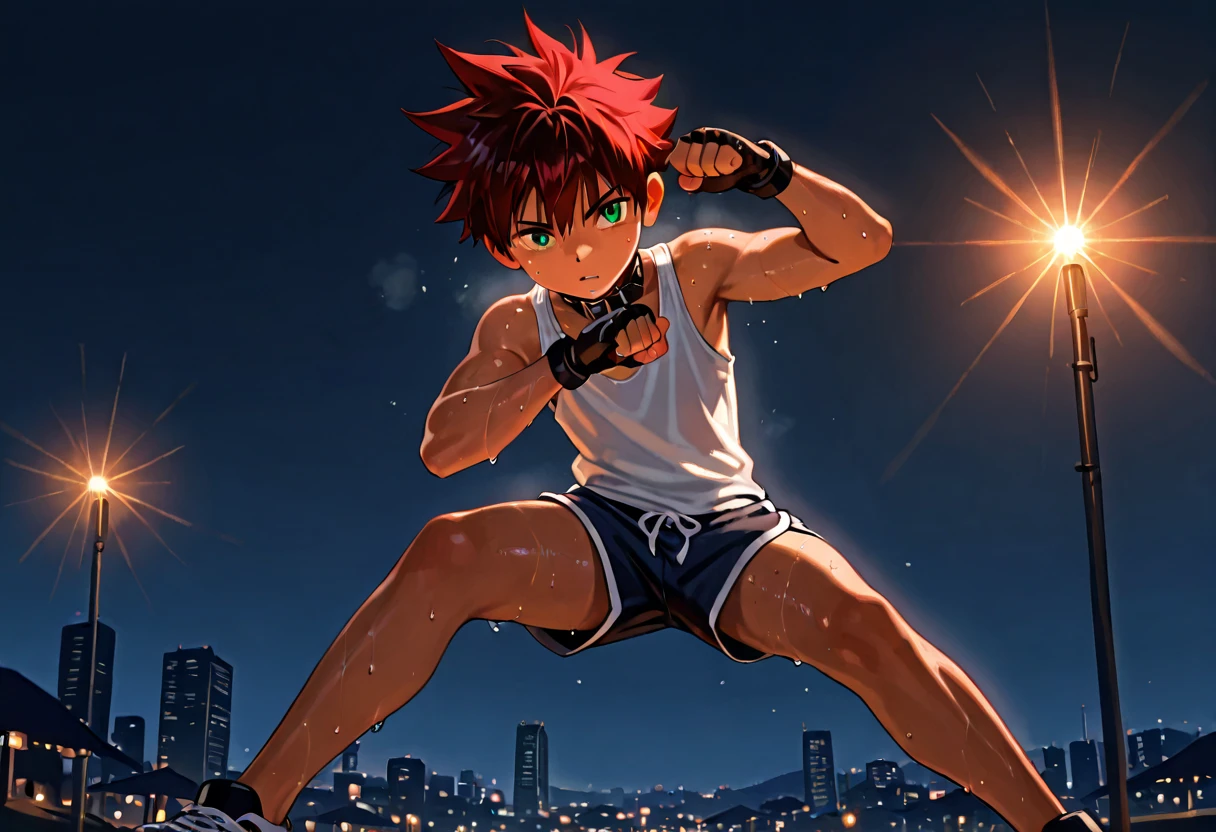 1boy, young male, 18yrs old, brown skin, sweat, dolphin shorts, tank top, fingerless grove, shoes, collar, fighting pose, sunshine, short hair, spiked hair, red hair, green eyes, cinematic lighting, masterpiece, best quality, city square, hong kong