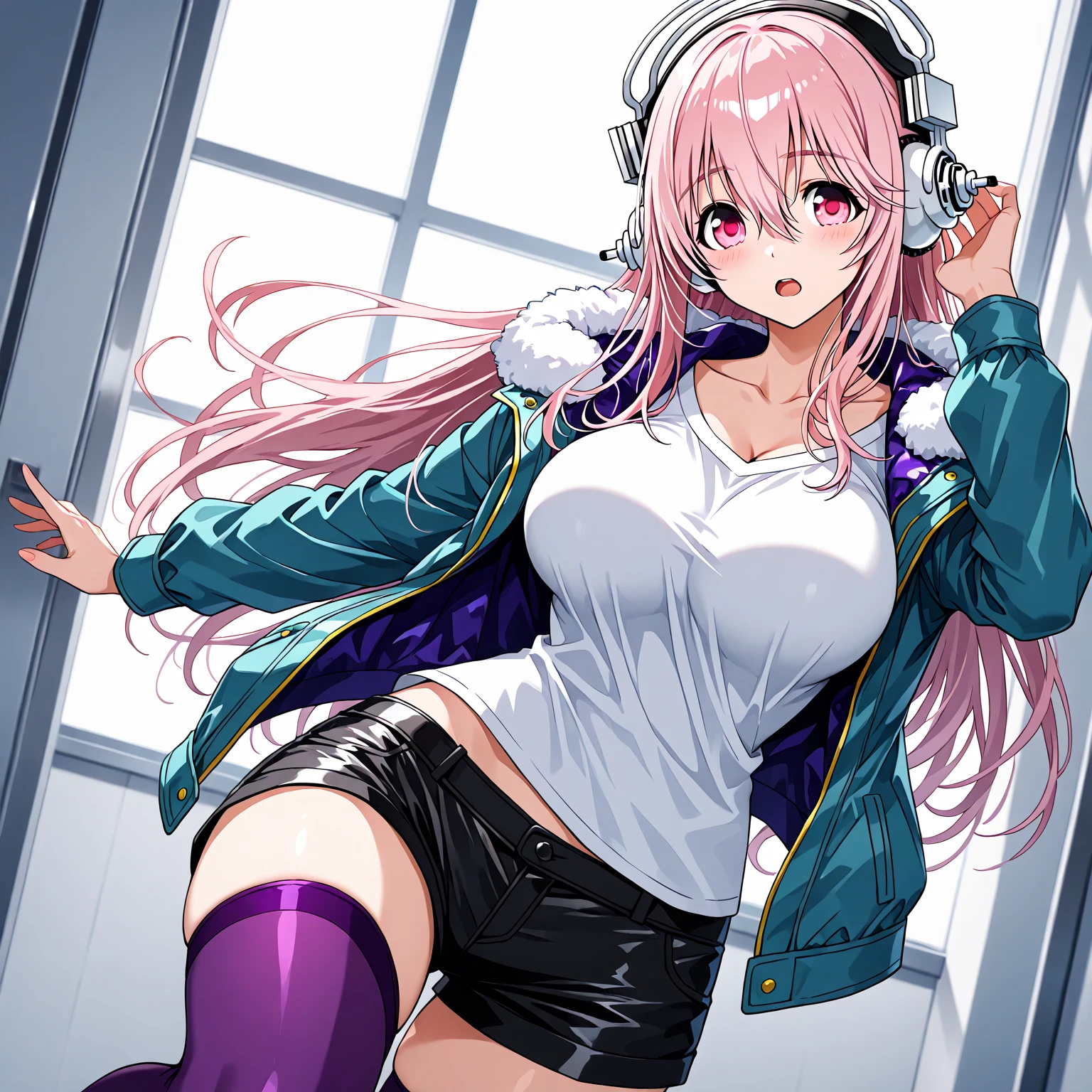 (Magazine Cover:1.7),from below:1.5,((masterpiece, highest quality:1.3)),cowboy shot,20 year old beauty,solo,((very small head)),(((long body))),pink hair,long hair,pink eyes,bangs,white headphone,medium breasts,slender body,skinny,shiny skin,oily skin,sweat:1.5,Little devilish smile、White crop tank top、navel、Pink pleated exy pose、on street,Shibuya、neon、Tokyo、
