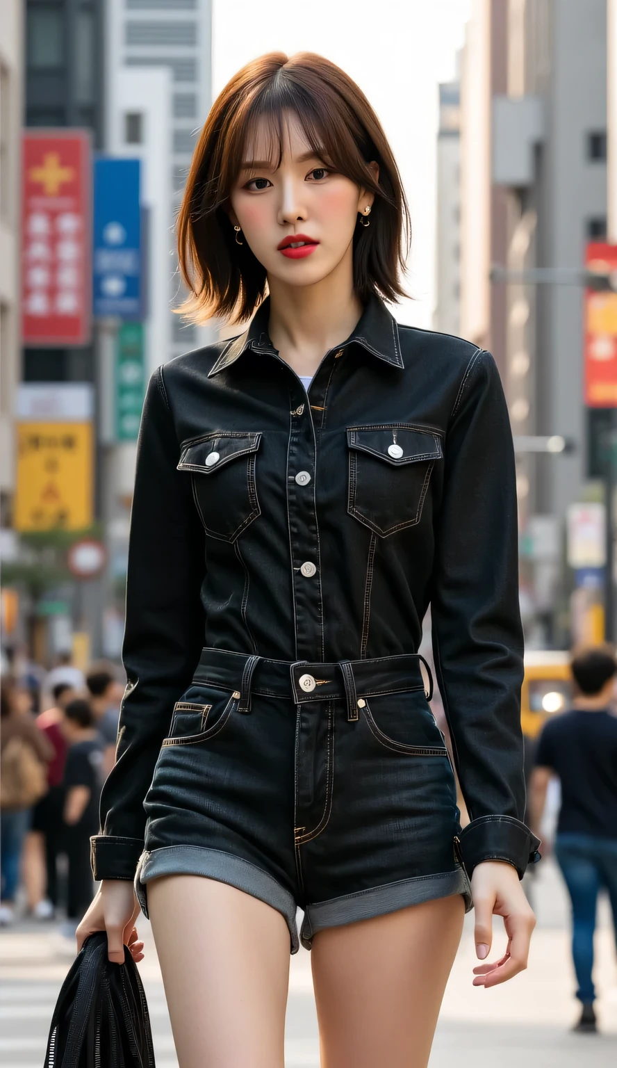 A beautiful woman, walking in the middle of the city, using a black denim shirt, using black denim shorts, big boobs, red lips, straight hair up to the shoulders