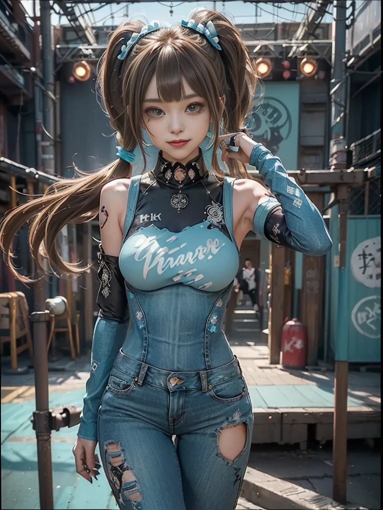 (Full Body View:1.2)、(Side view:1.1)、(Smiling with teeth showing:1.3),(Shibuya Gal:1.5)、(Goth Style Fashion:1.5)、(Maid cafe style:1.5)、(Wearing a rhythmic gymnastics bodysuit with intricate details:1.4)、(Racing suit and pants with intricate turquoise, denim and charcoal decorations:1.5)、(Denim and light blue and turquoise boots:1.3)、((Fluffy hat))、(Numerous delicate logo marks all over the costume:1.4)、(collar:1.3)、(Polka dot underwear:1.5)、20-year-old、NSFW、((Highest quality、In 8K、masterpiece:1.3))、Sharp focus:1.2、(Layered Cut、Huge boobs:1.1),Beautiful woman with perfect figure:1.4、(doing a gravure pose:1.3)、Slender Abs:1.2、Highly detailed face and skin texture、Detailed eyes、double eyelid,(Twin tails:1.3)、(Brown-golden hair:1.3)、Gravure idol、(The background is the stage of the fashion show:1.3)、(Slim Body:1.3),(Make your legs thinner:1.4),(clavicle:1.1)
