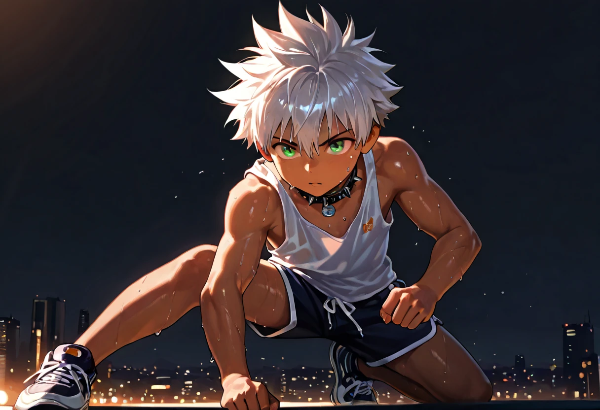 1boy, young male, 18yrs old, brown skin, sweat, dolphin shorts, tank top, fingerless grove, shoes, collar, fighting pose, sunshine, short hair, spiked hair, silver hair, green eyes, cinematic lighting, masterpiece, best quality, city square, hong kong