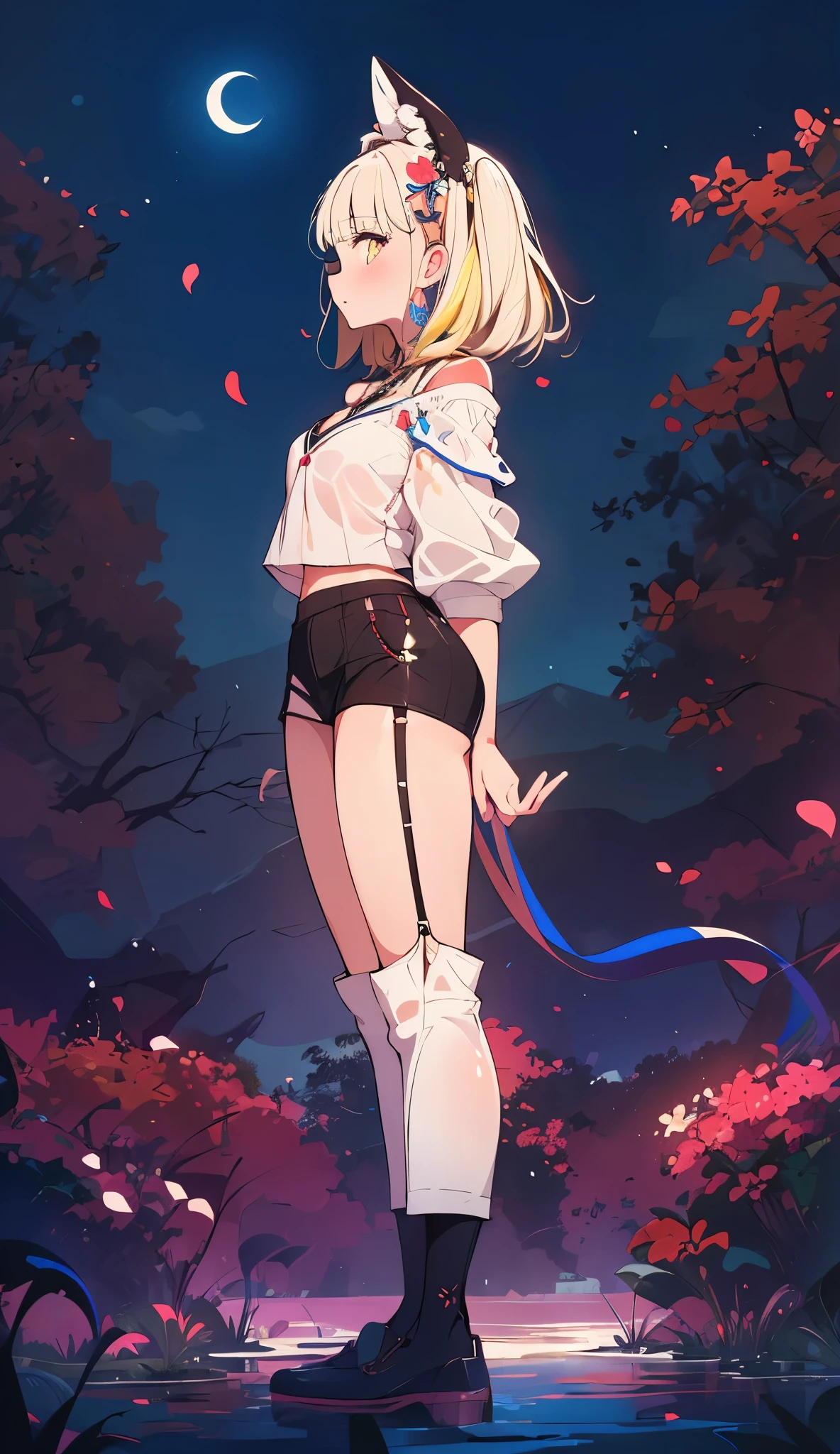 (Highest picture quality), (Master's work),(Detailed eyes description),(Detailed face description)(back view), 1girl, light yellow eyes, (very long hair),very long hair (floating in the wind), looking back, hair ornament, flower hair ornament. head band, ribbon, , white lingerie, lingerie, miniskirt, garter belt, navel, visible navel, visible shoulders, blush, pond, petals (lens flare), walking on pond, water reflection, pond, cleavage, medium breast, aurora sky, night sky, galaxy sky, horizon, mountains, forest, moon, (cover-style:1.3), fashionable, woman, vibrant, swimwear outfit, posing, front, colorful, dynamic, background, elements, shy, expression, holding, statement, accessory, majestic, coiled, around, touch, scene, attention-grabbing, catchy, modern, trendy, focus, fashion, realistic lighting, extreme blushing, full body, thicc coxas, seios medios