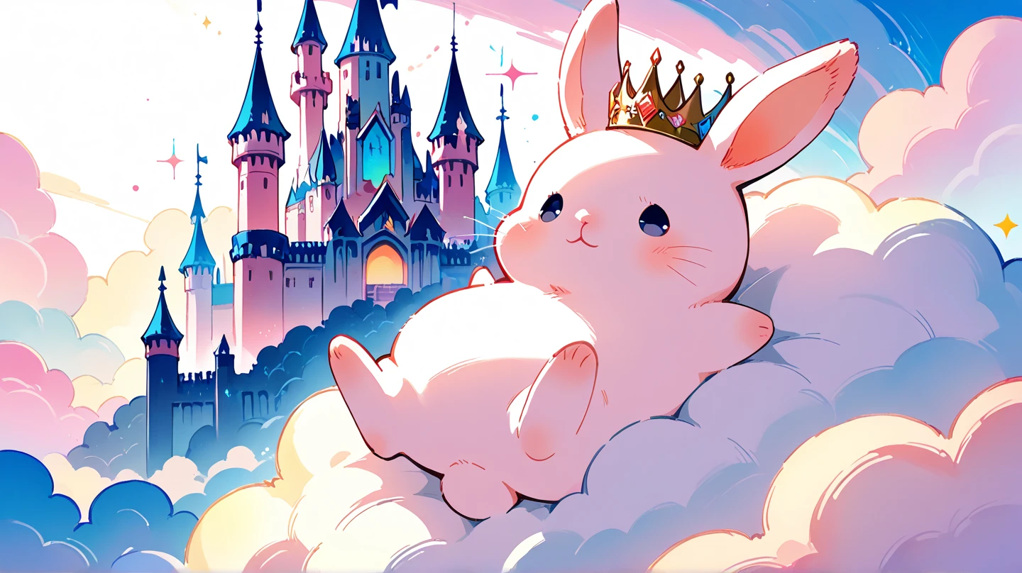 masterpiece, high score, great score, absurdres, adorable, no human, 1 round rabbit, crown, fantasy, on clouds, castle shaped cloud, bunny ears, colorful, vivid, cinematic, magical,
