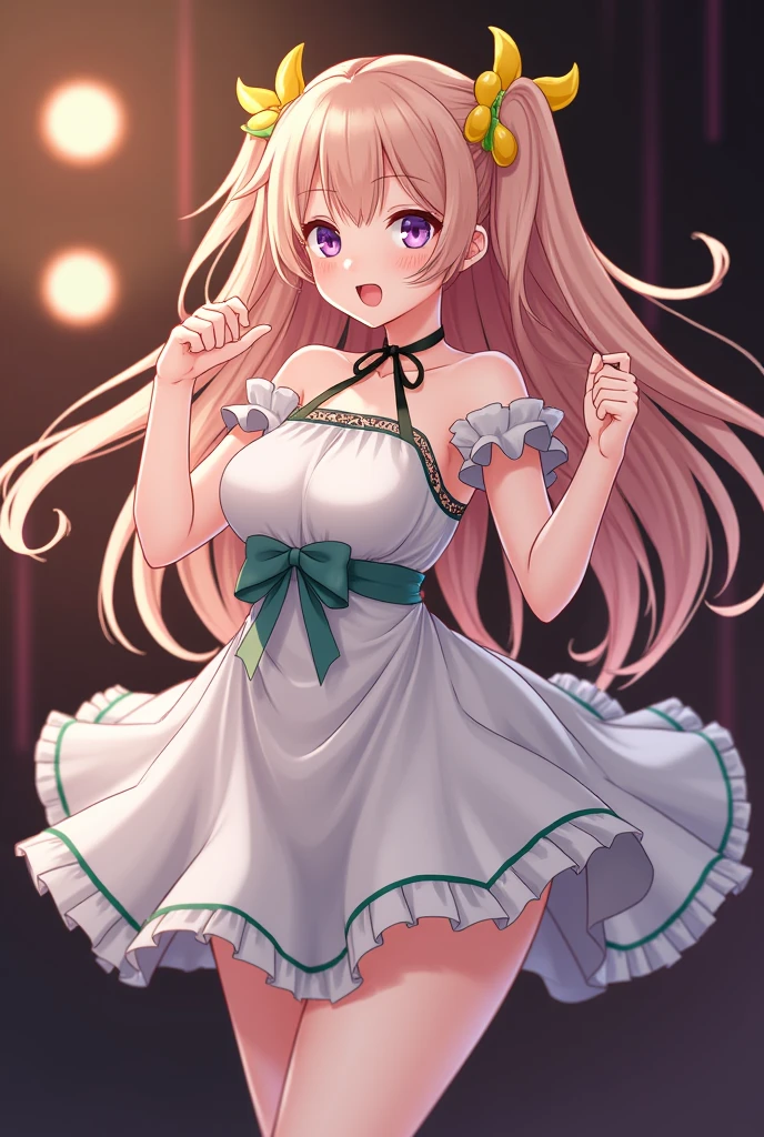 (leaning over:1.4), (masterpiece:1.2, best quality), (real picture, intricate details), 1girl, solo, absurdres, cowboy shot, standing, outdoors, :3, smile, bear girl, bear ears, ((light pink dress)), frills, very detailed dress, white thighhighs, platinum blonde hair, gray blue eyes, long hair, ((red strawberry choker)), smile, open mouth, one fang, large breasts, cleavage, sleeveless dress, arms behind back,