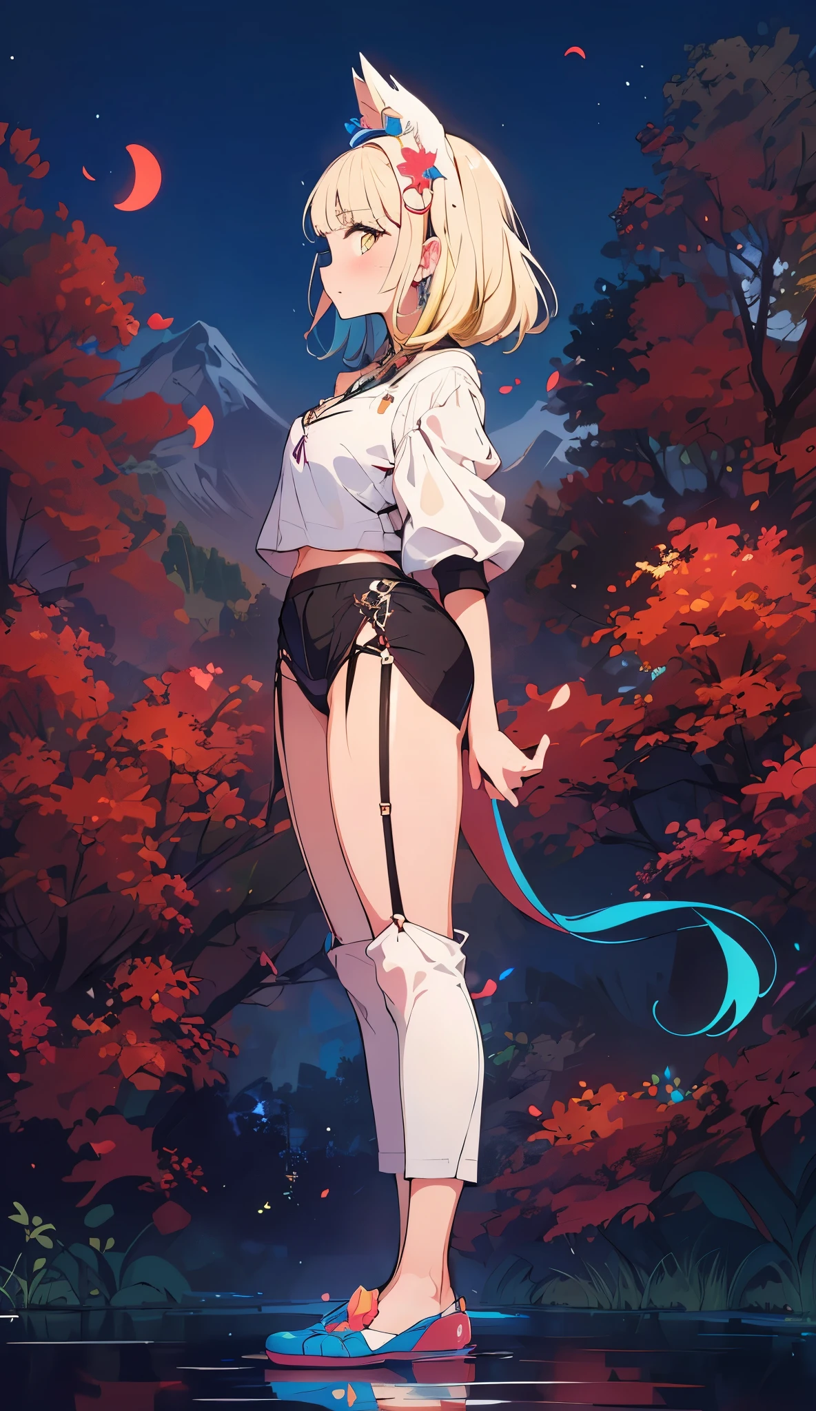 (Highest picture quality), (Master's work),(Detailed eyes description),(Detailed face description)(back view), 1girl, light yellow eyes, (very long hair),very long hair (floating in the wind), looking back, hair ornament, flower hair ornament. head band, ribbon, , white lingerie, lingerie, miniskirt, garter belt, navel, visible navel, visible shoulders, blush, pond, petals (lens flare), walking on pond, water reflection, pond, cleavage, medium breast, aurora sky, night sky, galaxy sky, horizon, mountains, forest, moon, (cover-style:1.3), fashionable, woman, vibrant, swimwear outfit, posing, front, colorful, dynamic, background, elements, shy, expression, holding, statement, accessory, majestic, coiled, around, touch, scene, attention-grabbing, catchy, modern, trendy, focus, fashion, realistic lighting, extreme blushing, full body, thicc coxas, seios medios