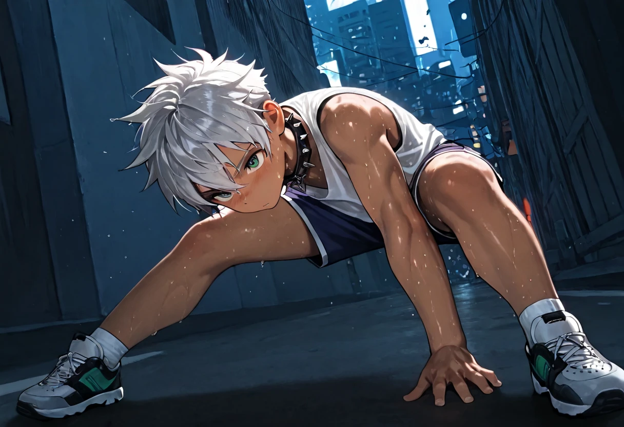 1boy, young male, 18yrs old, brown skin, sweat, dolphin shorts, tank top, fingerless grove, shoes, collar, fighting pose, sunshine, short hair, spiked hair, silver hair, green eyes, cinematic lighting, masterpiece, best quality, city square, hong kong