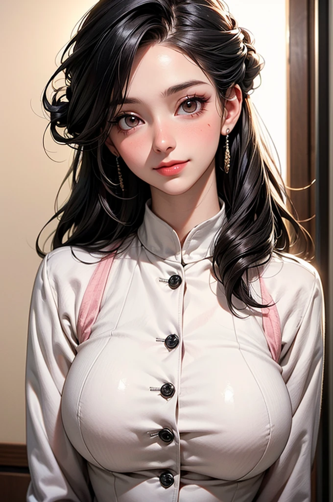 Simple white background, bow ribbon_collar,clavicle, long_sleeve, Open_clothing, Open_jacket, Red_jacket, white_shirt, Bangs, Black_Eye, Black_hair, blunt_Bangs,long_hair,Single braid, 1 girl, 20 years old,infp young woman,beautiful Finger,beautiful long legs,beautiful body, beautiful nose,beautiful character design, 完美的Eye, 完美的Face,富有表现力的Eye,Perfect balance, looking at the audience,(焦点集中在她的Face上),Keep your mouth shut, (Innocent_big deal_Eye:1.0),(Light_Smile:1.0), official art,the Extremely Detailed CG Unity 8k Wallpapers, Perfect 灯Light,colorful, bright_front_Face_灯Light,White skin, (on the table:1.0),(the best_quality:1.0), 超high resolution,4K,Super detailed, photography, 8k, north african trade zone, high resolution, absurd:1.2, Kodak Portrait 400, film grain, blurred background, Bokeh:1.2, 镜头Light晕, (energetic_color:1.2),专业photography, (beautiful,big deal_breast:1.4), (beautiful_Face:1.5),(narrow_waist),