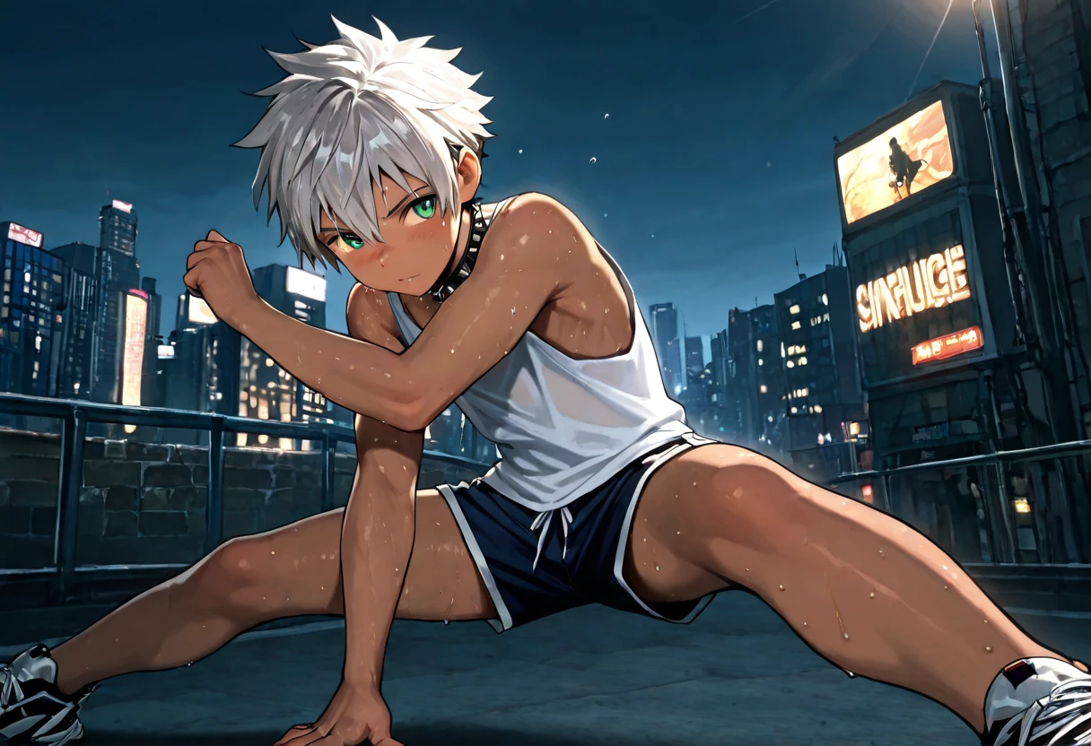 1boy, young male, brown skin, sweat, dolphin shorts, tank top, fingerless grove, shoes, collar, fighting pose, sunshine, short hair, spiked hair, silver hair, green eyes, cinematic lighting, masterpiece, best quality, city square, hong kong