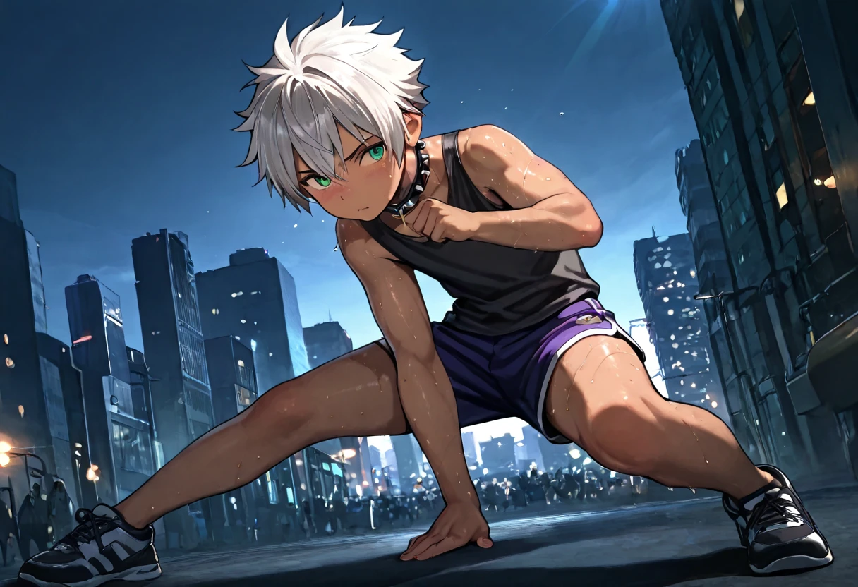 1boy, young male, brown skin, sweat, dolphin shorts, tank top, fingerless grove, shoes, collar, fighting pose, sunshine, short hair, spiked hair, silver hair, green eyes, cinematic lighting, masterpiece, best quality, city square, hong kong