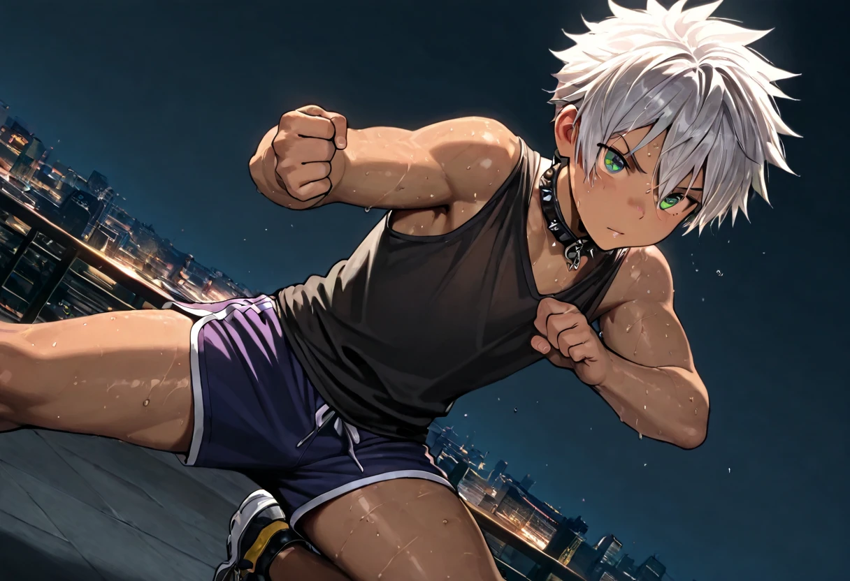 1boy, young male, brown skin, sweat, dolphin shorts, tank top, fingerless grove, shoes, collar, fighting pose, sunshine, short hair, spiked hair, silver hair, green eyes, cinematic lighting, masterpiece, best quality, city square, hong kong