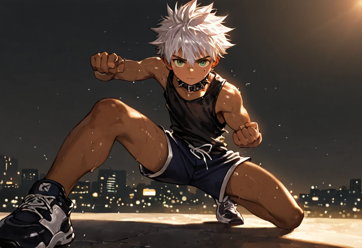 1boy, young male, 18yrs old, brown skin, sweat, dolphin shorts, tank top, fingerless grove, shoes, collar, fighting pose, sunshine, short hair, spiked hair, silver hair, green eyes, cinematic lighting, masterpiece, best quality, city square, hong kong