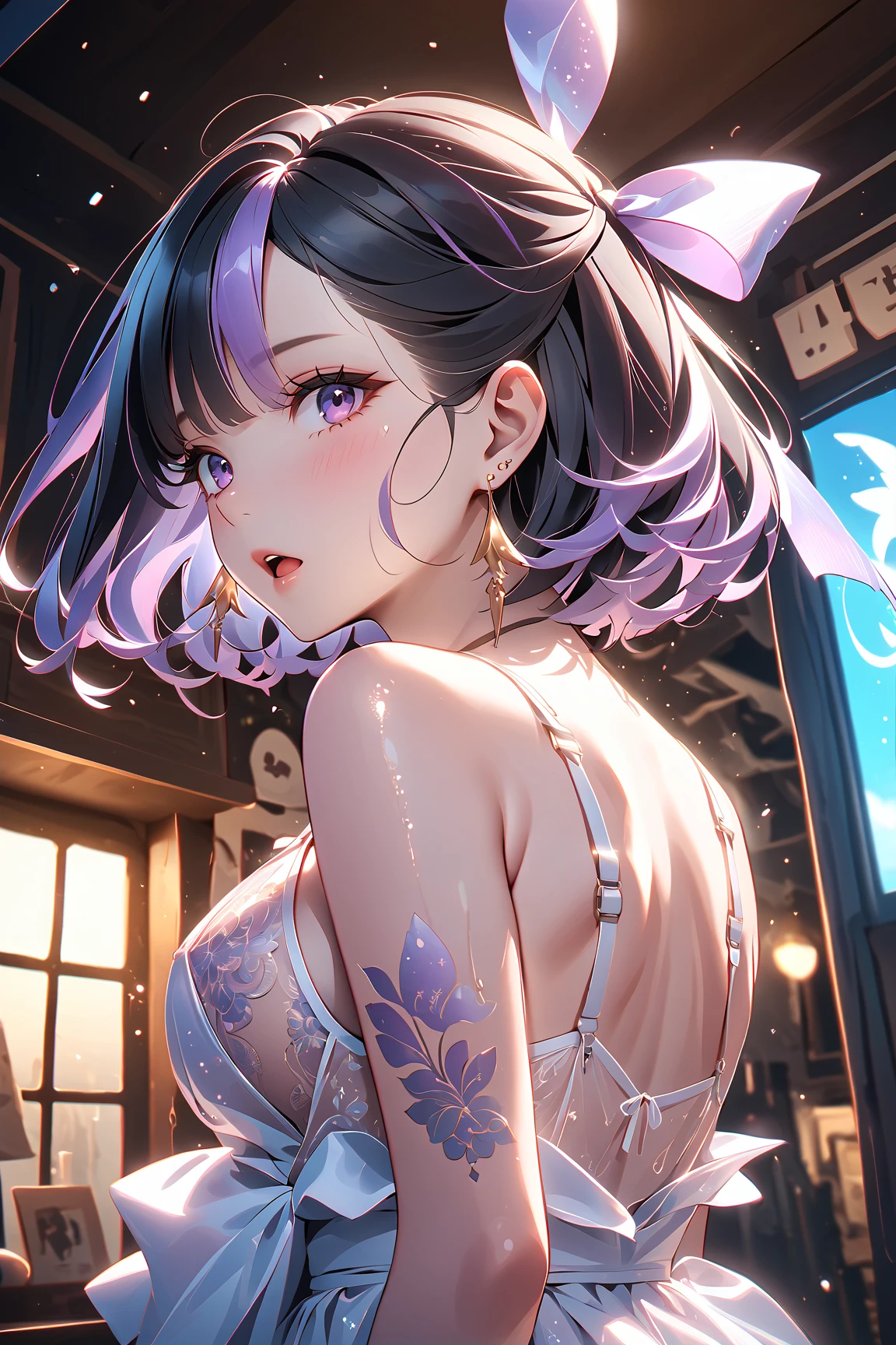 Suen, purple eyes, black hair, streaked hair, short hair, bangs, hair ribbon, earrings, leg tattoo, mole under eye,
mature woman standing with her back to camera:1 female,
Moisturized and firm skin ,Self Hug ,
In a corner of town, dark background that makes the subject stand out, big window, Soft Light ,
wet 、 juice 、dynamic、( seen from directly below:1.5)、( dark eyes:1.3),saliva、open your mouth 、( masterpiece:1.3), dynamic Poses、 Shiny Skin, delicate depiction,The feel of wet skin 、 Bust up component 、 glitter lingerie 、 Delicate Embroidery 、Drops of sweat、Delicate Embroideryのホログラム ( graphic pastel orange sexy lingerie with transparent pale purple hair growing to the waist)、 super clear lingerie 、 light colored lingerie 、( dynamic Poses :1.7)、(masterpiece, best quality), very beautiful, absurd, Highly detailed CG Unity 8K wallpaper , anime style 4k , , Anime Moe Picture Style , Anime Art Wallpaper 4K , high quality animated art style , Anime Style Portrait , familiar with digital animation art , Anime Art Wallpaper 8k , Portrait of a Cute Anime Girl ,full body, depth of field , perfect hands with full nudity, nice references, 5_reference, 4_reference,1_親reference,
anatomically correct,