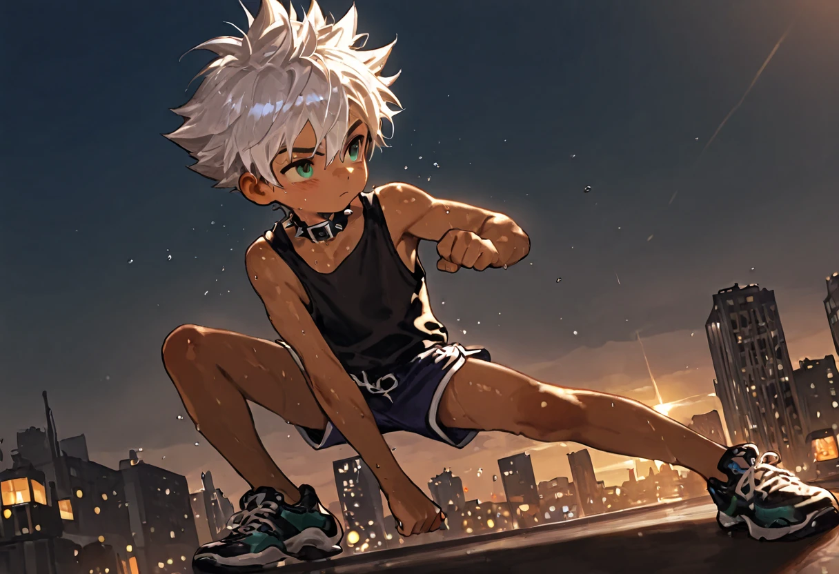 1boy, young male, 18yrs old, brown skin, sweat, dolphin shorts, tank top, fingerless grove, shoes, collar, fighting pose, sunshine, short hair, spiked hair, silver hair, green eyes, cinematic lighting, masterpiece, best quality, city square, hong kong