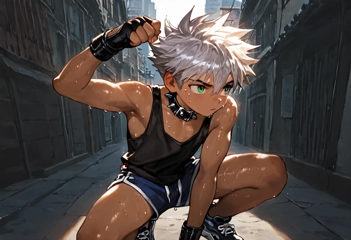 1boy, young male, 18yrs old, brown skin, sweat, dolphin shorts, tank top, fingerless grove, shoes, collar, fighting pose, sunshine, short hair, spiked hair, silver hair, green eyes, cinematic lighting, masterpiece, best quality, city square, hong kong