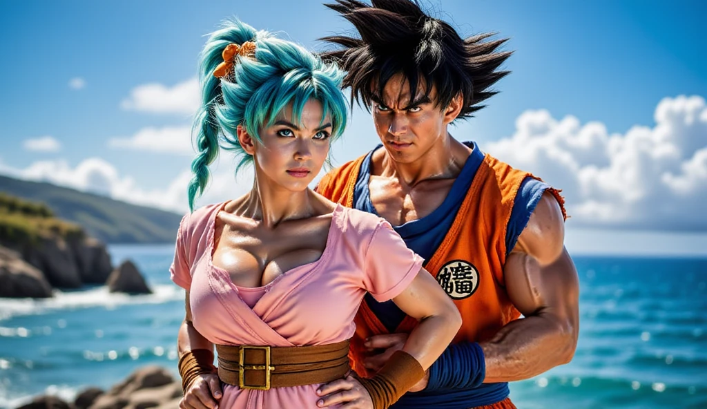 Generate an image of Goku and Bulma having sex