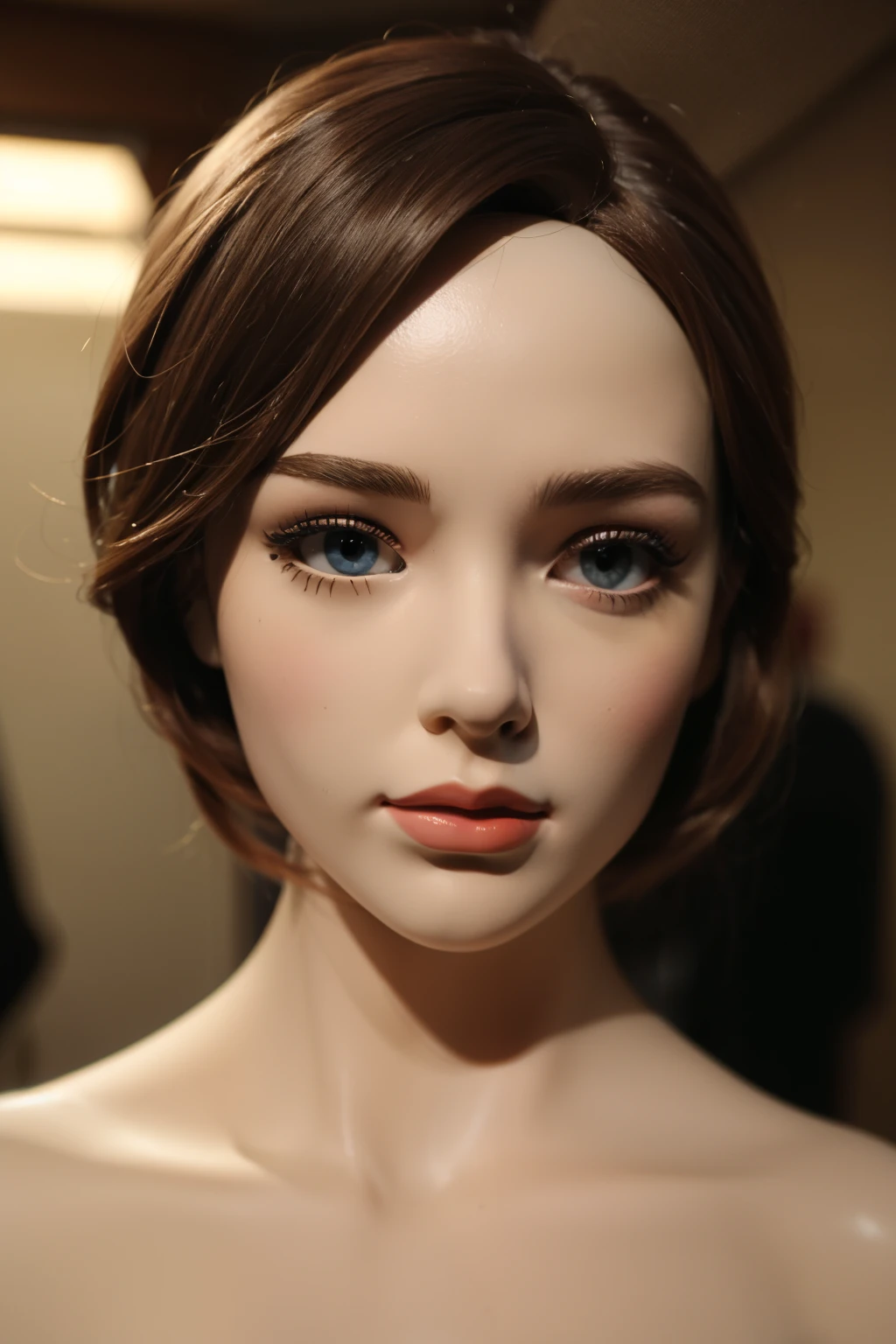 ((Best Quality, 8K, masutepiece :1.3)), (Realistic, super gigantic breast, plaster doll,fully body photo,edge of the room,livingroom,white mannequin doll,two shot,a photo of a man.photo with man,Immaculate mannequin